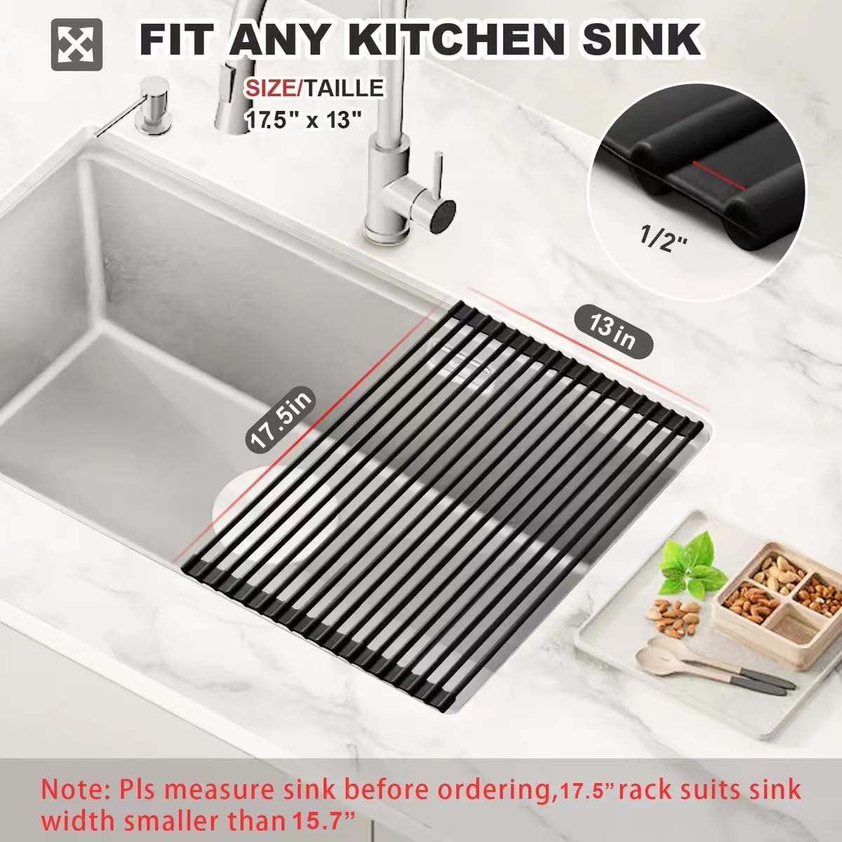 Roll Up Dish Drying Rack Silicone Wrapped Over The Sink Dish Drying Rack Multipurpose Foldable Sink Drying Mat Anti-Slip & Anti-Rust Dish Rack for Kitchen, 17.5" x 13", Black