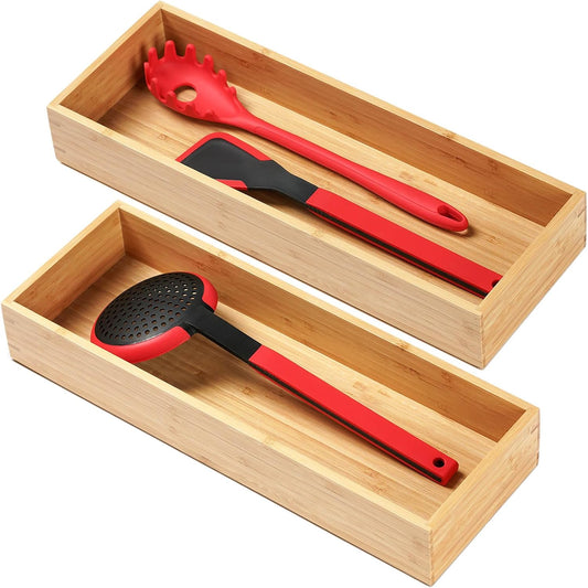 Bamboo Kitchen Utensils Organizer, Extra Long High Silverware Drawer Holder
