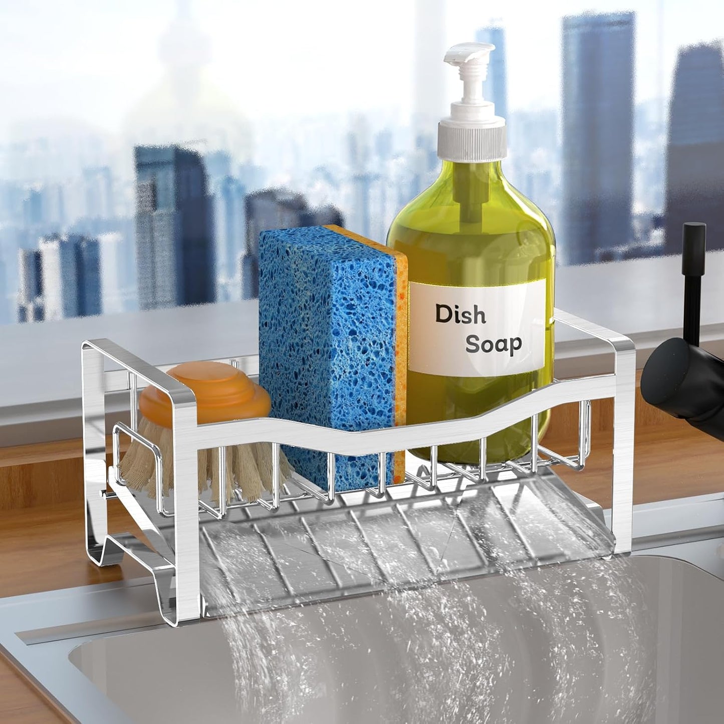 Stainless Steel Kitchen Sink Caddy Organizer with Auto Drain Tray