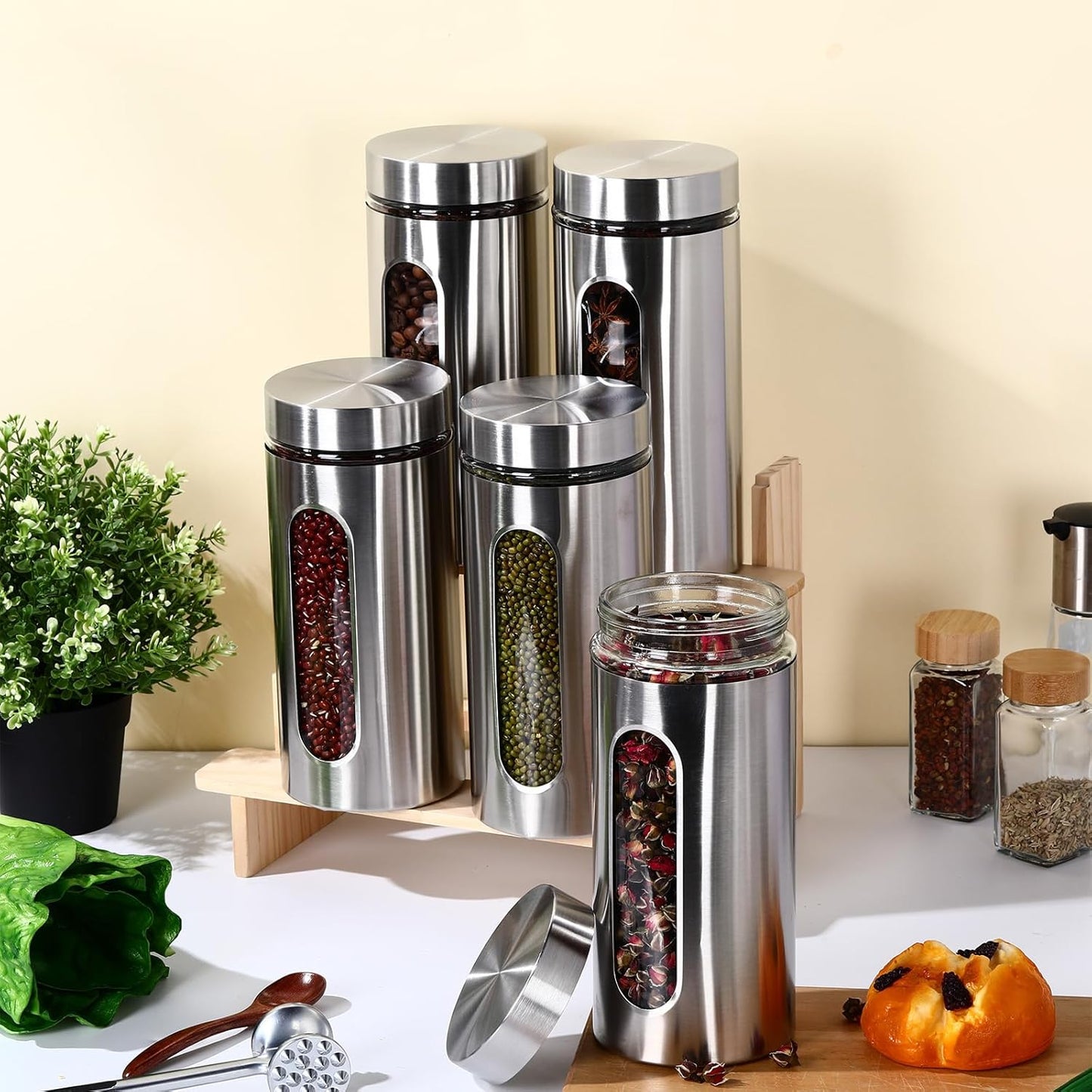 3 Pcs Stainless Steel Canister Set with Glass Windows Visible Storage Jars Silver Kitchen Canister Set for Pasta Flour Oat Sugar Container, Kitchen Tools, Housewarming Gifts(44 oz)