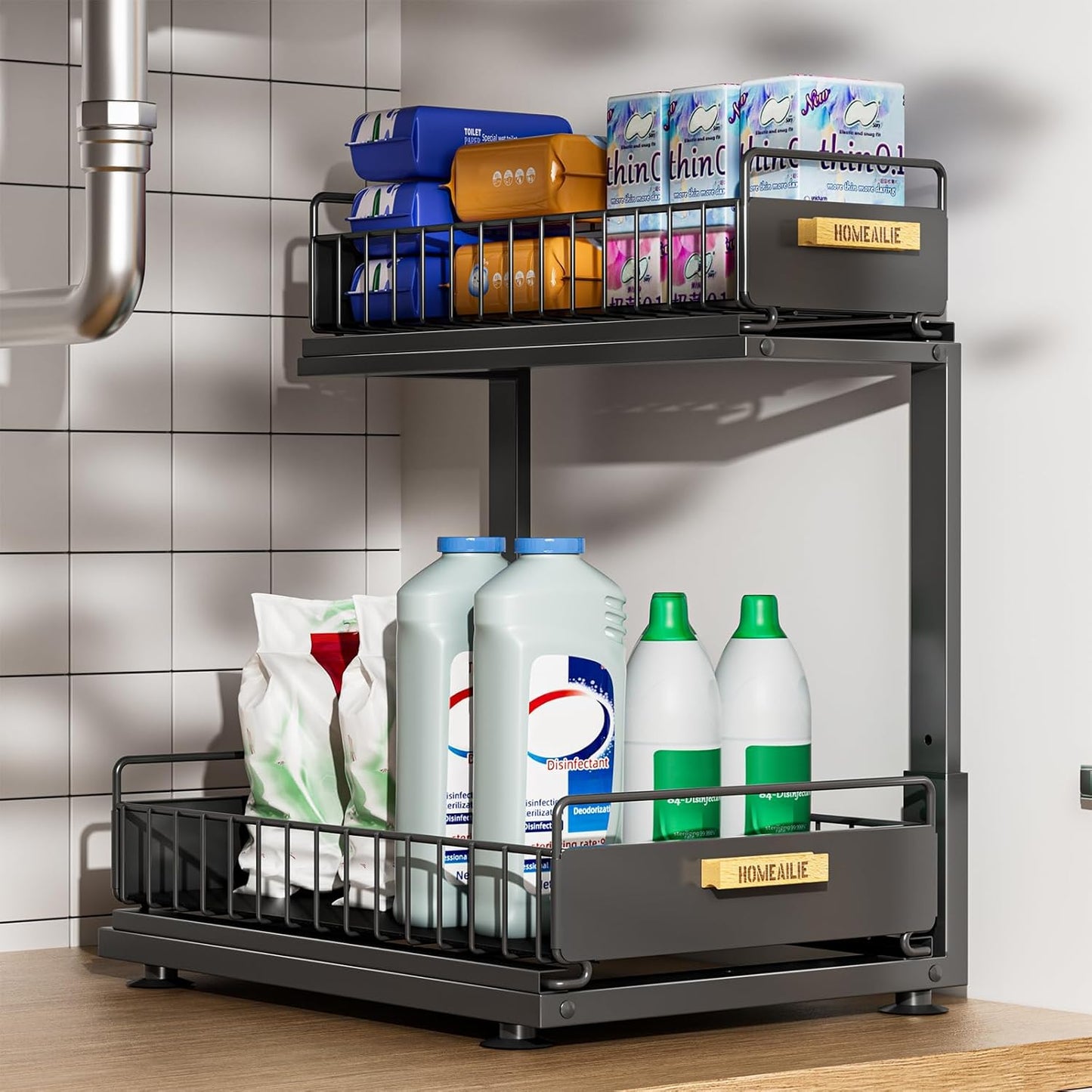 Under Sink Organizer, High Adjustable 2 Tier Under Kitchen Sink Organizer