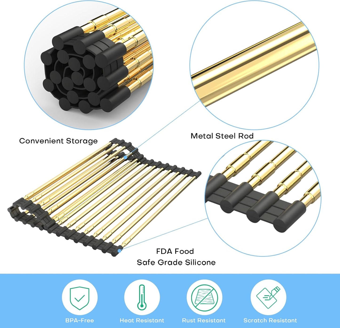 Expandable Large Draining Rack, Roll Up Heat-Resistant Dish Drainer for Stainless Steel Sinks