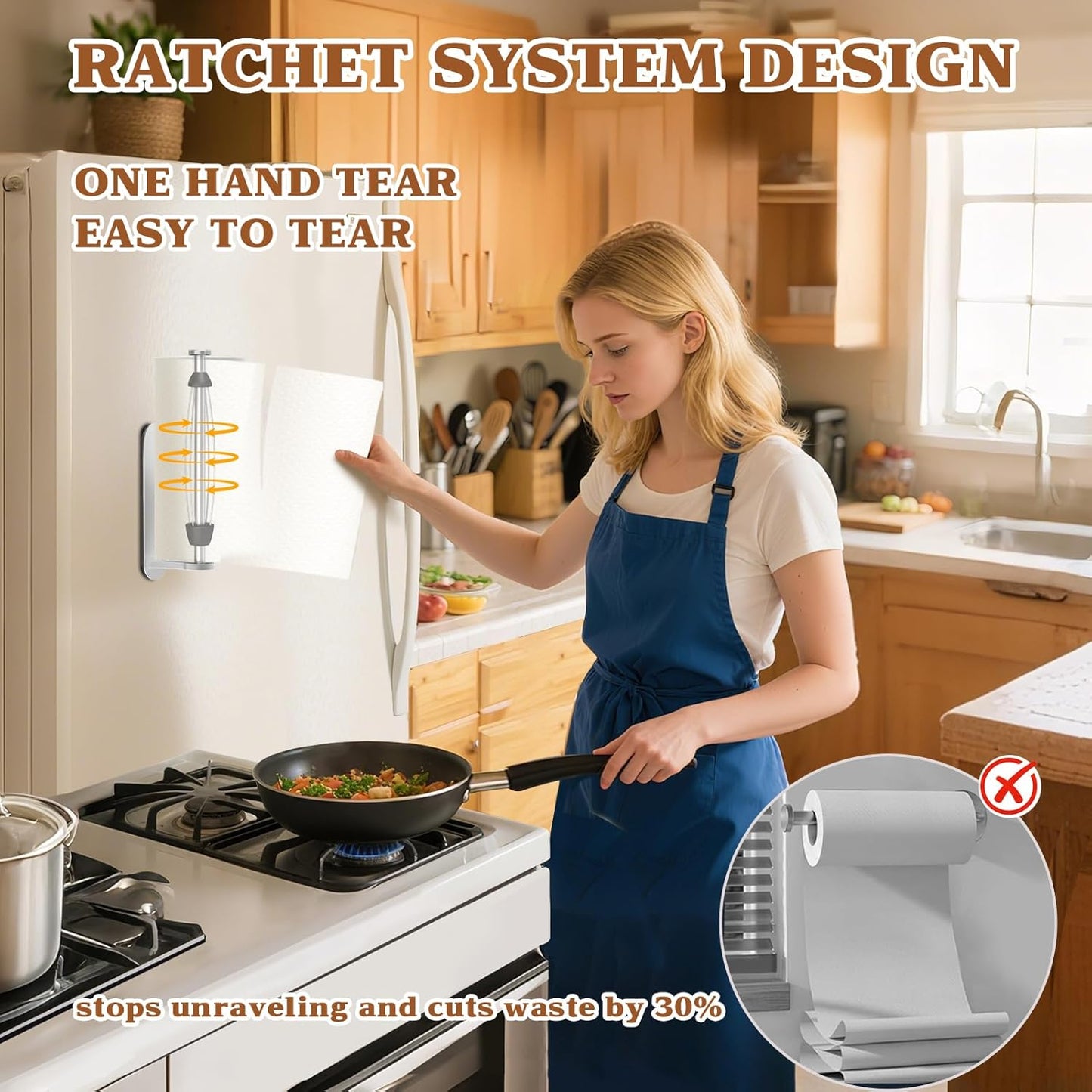 Magnetic Paper Towel Holder for Fridge - No Drill, One Hand Tear with Ratchet Mechanism, Silver
