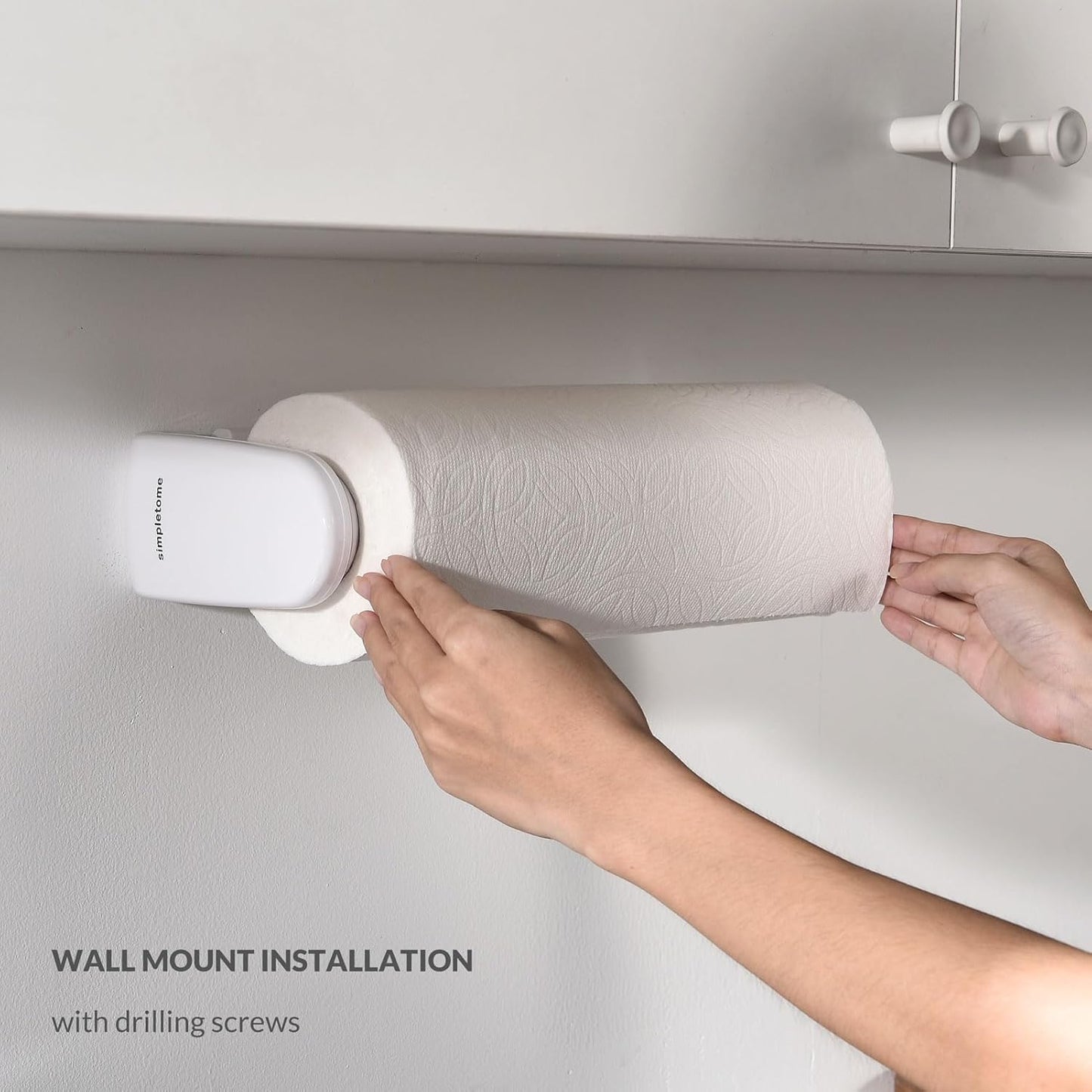 Paper Towel Holder Under Cabinet or Wall Mount ONE Hand Operation Tension Arm Kitchen Roll Holder (White, for 24-28cm/9.4-11inches roll)