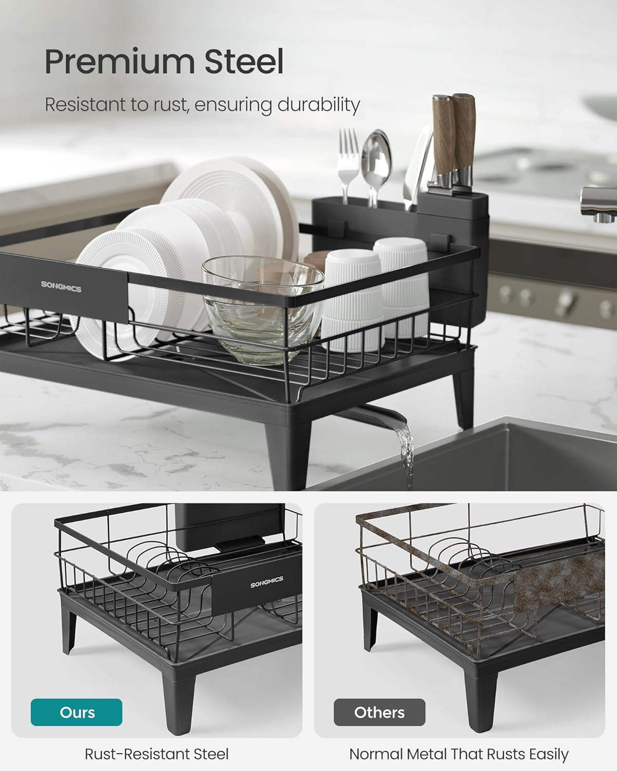 Dish Drying Rack, Kitchen Dish Rack with Drainboard, 360° Rotatable and Extendable Spout