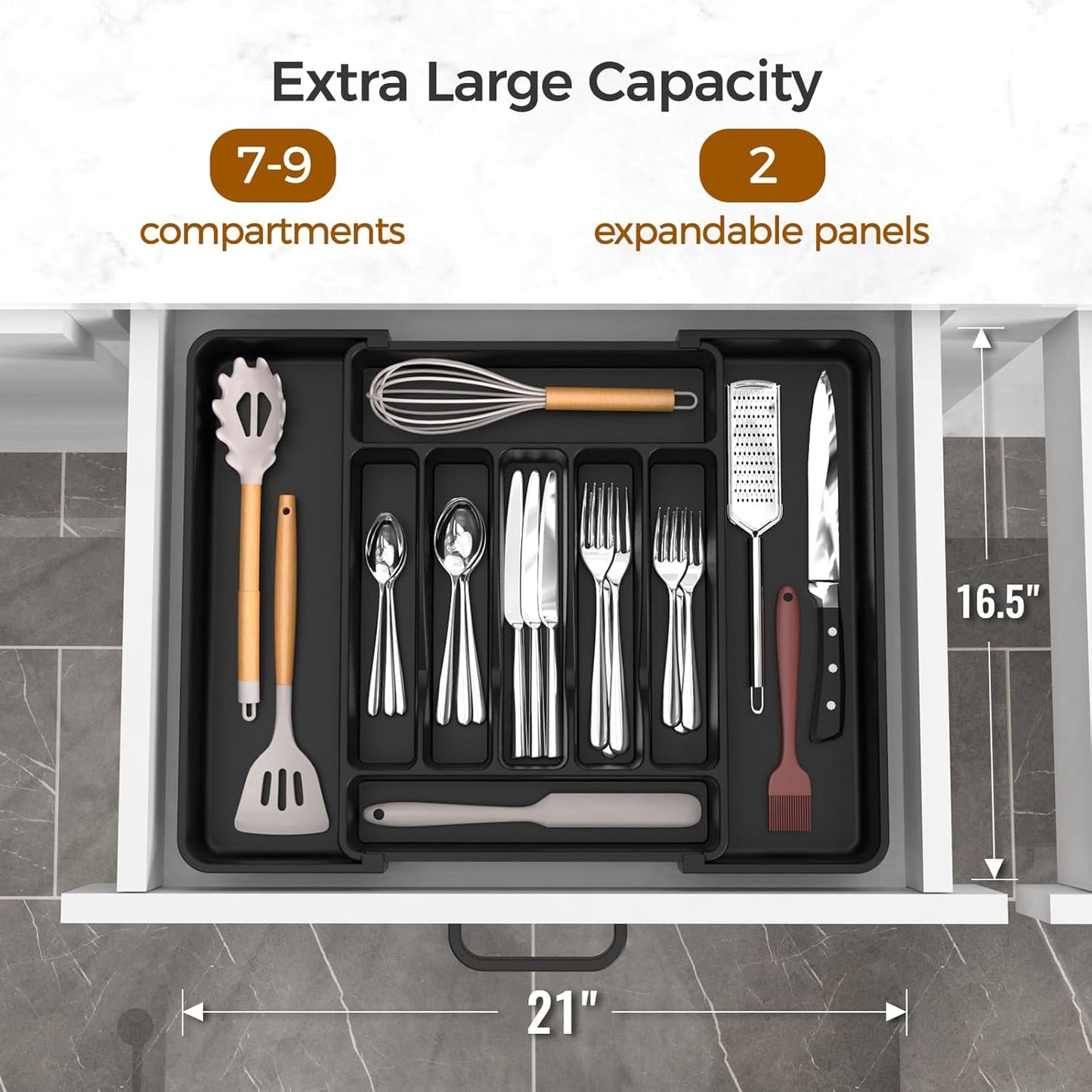 Extra Large Expandable Silverware Organizer, BPA-Free Food-Safe Cutlery Flatware Organizer