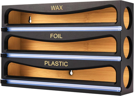 Bamboo Wrap Dispenser with Cutter, Plastic Wrap Organizer, Aluminum Foil Organization
