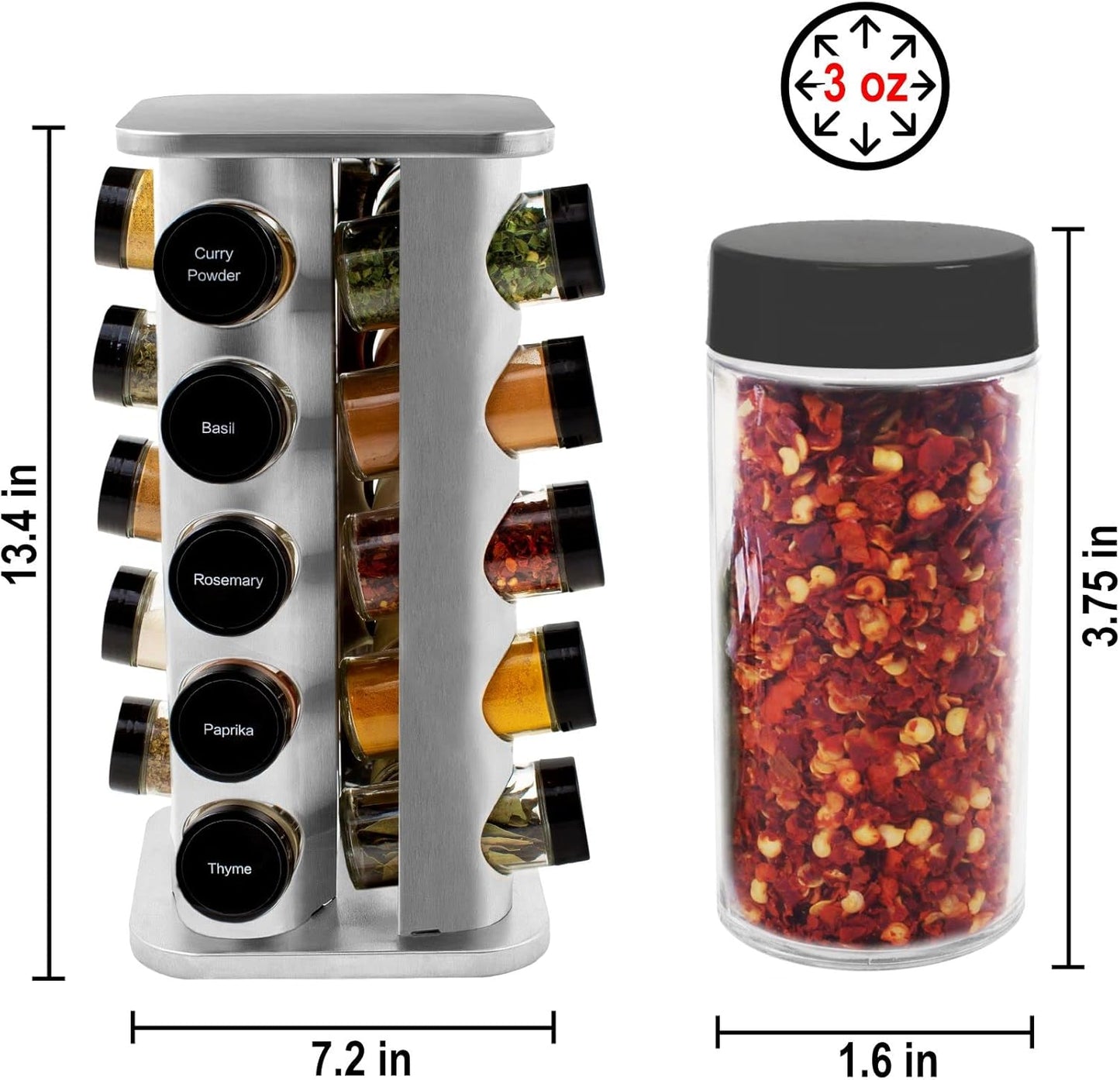 20 Jar Rotating Spice Rack with Spices Included & 5-Year Free Spice Refill Program – Stainless Steel Countertop Spice Rack with 3 oz Glass Jars