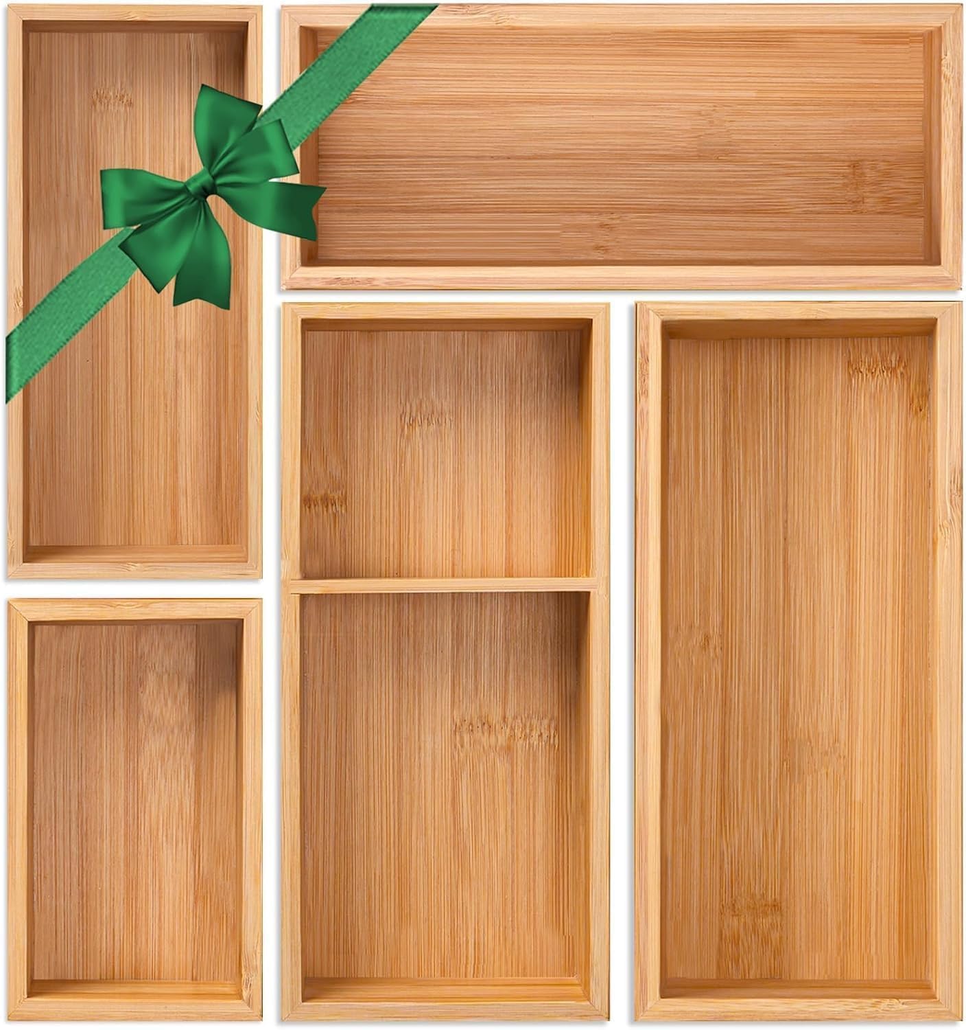 Bamboo Drawer Organizer 5 Pcs for Kitchen Multi-purpose Storage Dividers for Kitchen, Office