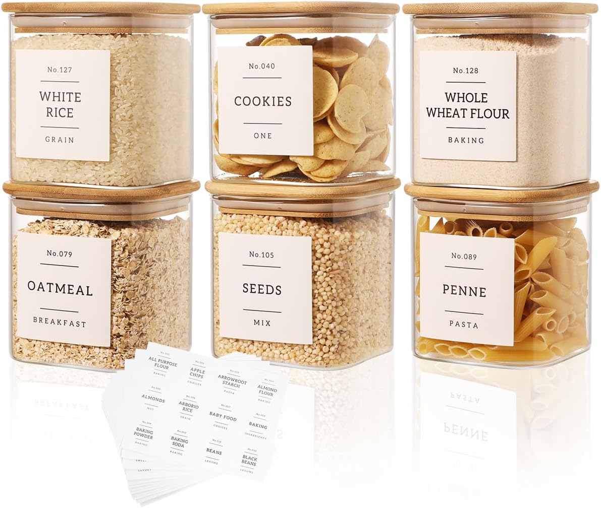 6 Pack Square Glass Pantry Storage Containers with 132 Kitchen Food Pantry Labels