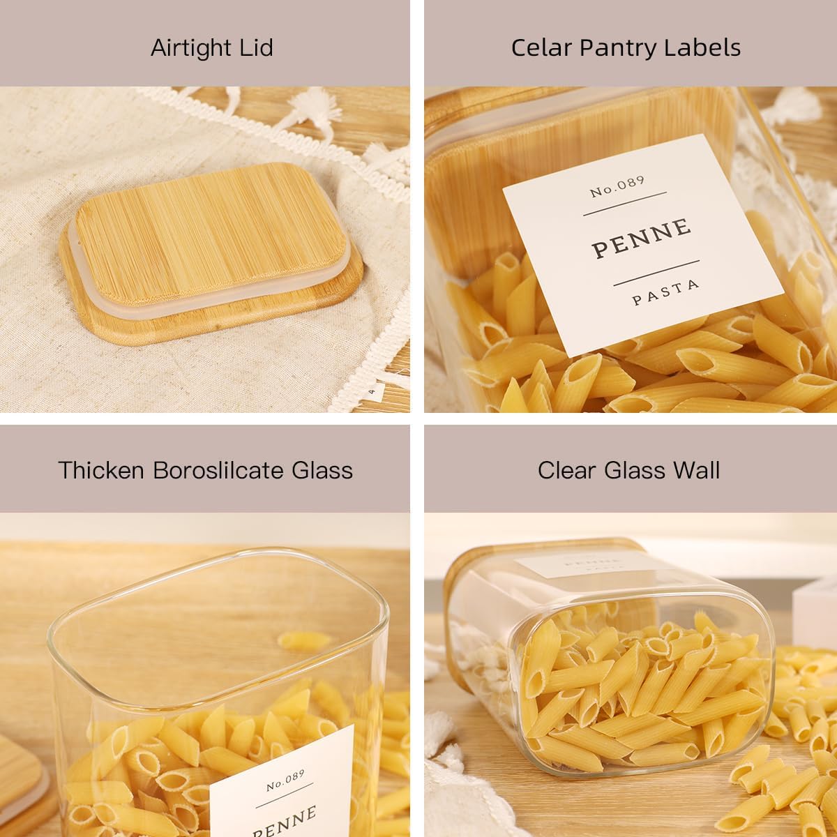 4 Pack Square Glass Pantry Storage Containers with 132 Kitchen Food Pantry Labels