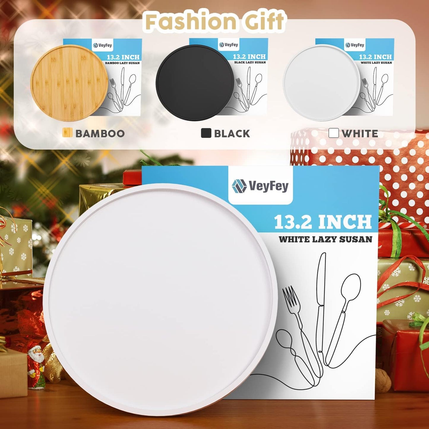 White Lazy Susan, 13.2 Inch Non-Skid Bamboo Turntable for Kitchen Table Cabinets and Closets