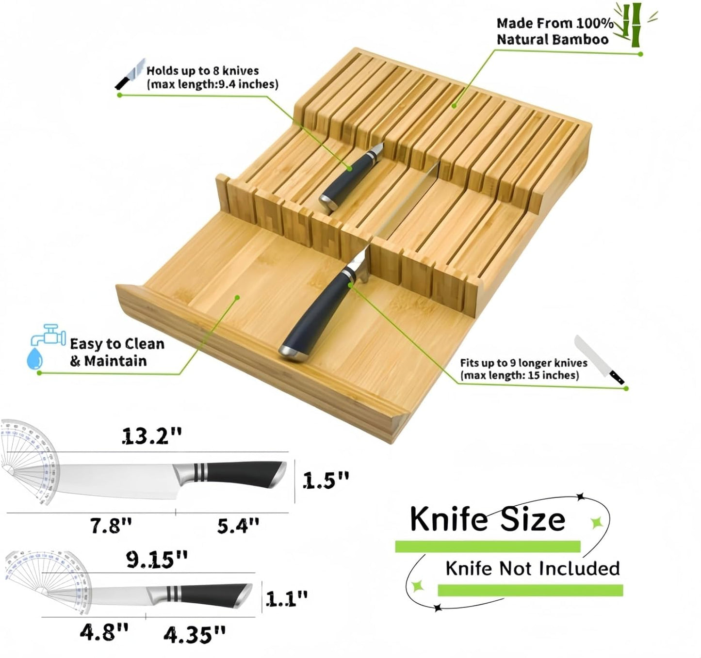 Bamboo Knife Drawer Storage Organizer Insert | 17-Slot Kitchen Knife Block with Anti-Slip Design| Space-Saving Kitchen Storage (16.6"x11.6"x2.1")