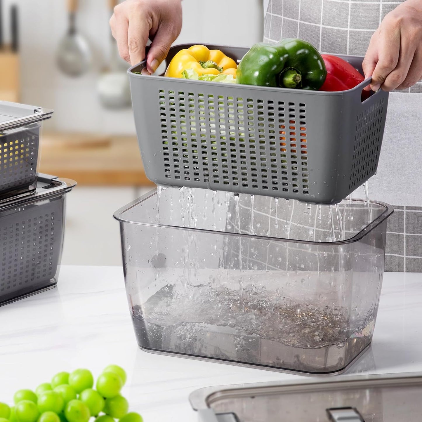 4 Pack Fruit Containers for Fridge, Vegetable Storage Container with Lids &Removable Colander Produce Saver Organizer for Refrigerator Keep Fruit, Veggie, Berry, Meat Fresh Longer-Grey