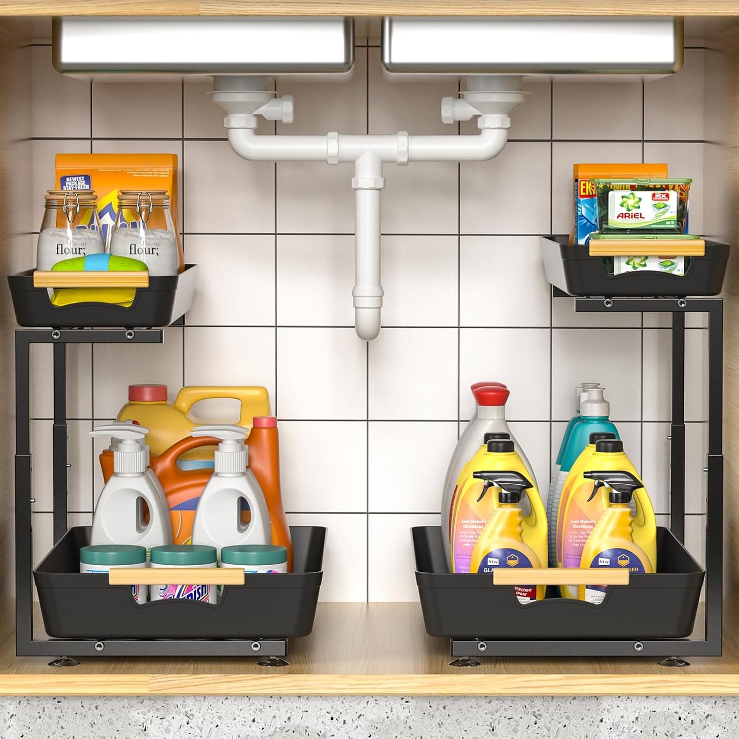 2 Pack Under Sink Organizer, 2 Tier Pull Out Under Sink Organziers and Storage