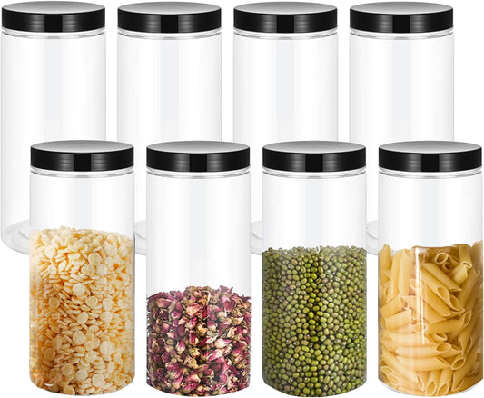 8 Pack 34 oz Clear Plastic Jars with Black Lids