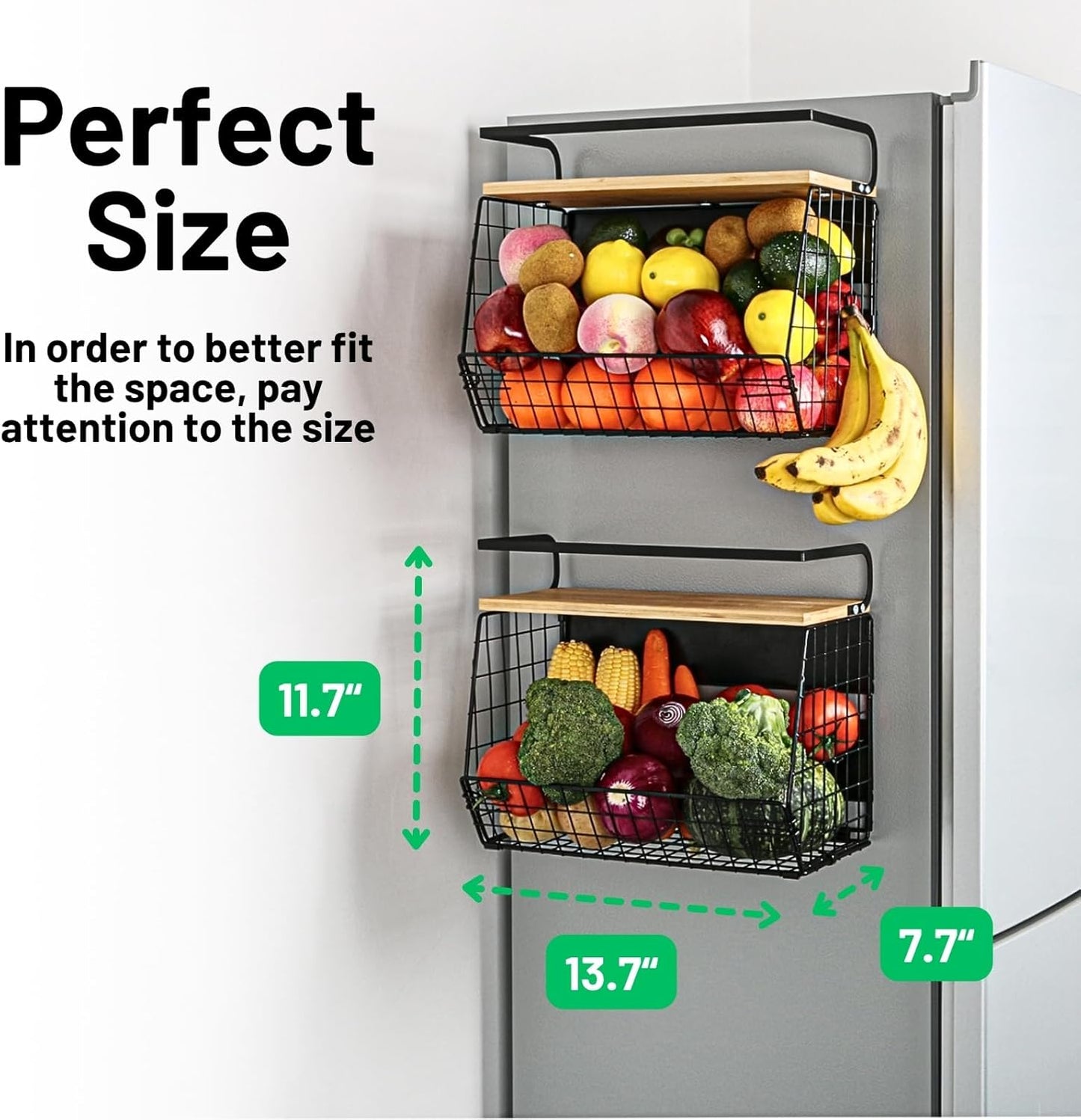 Magnetic Shelf for Fridge with Wood Lid, Fruit Potato and Onion Storage Bins
