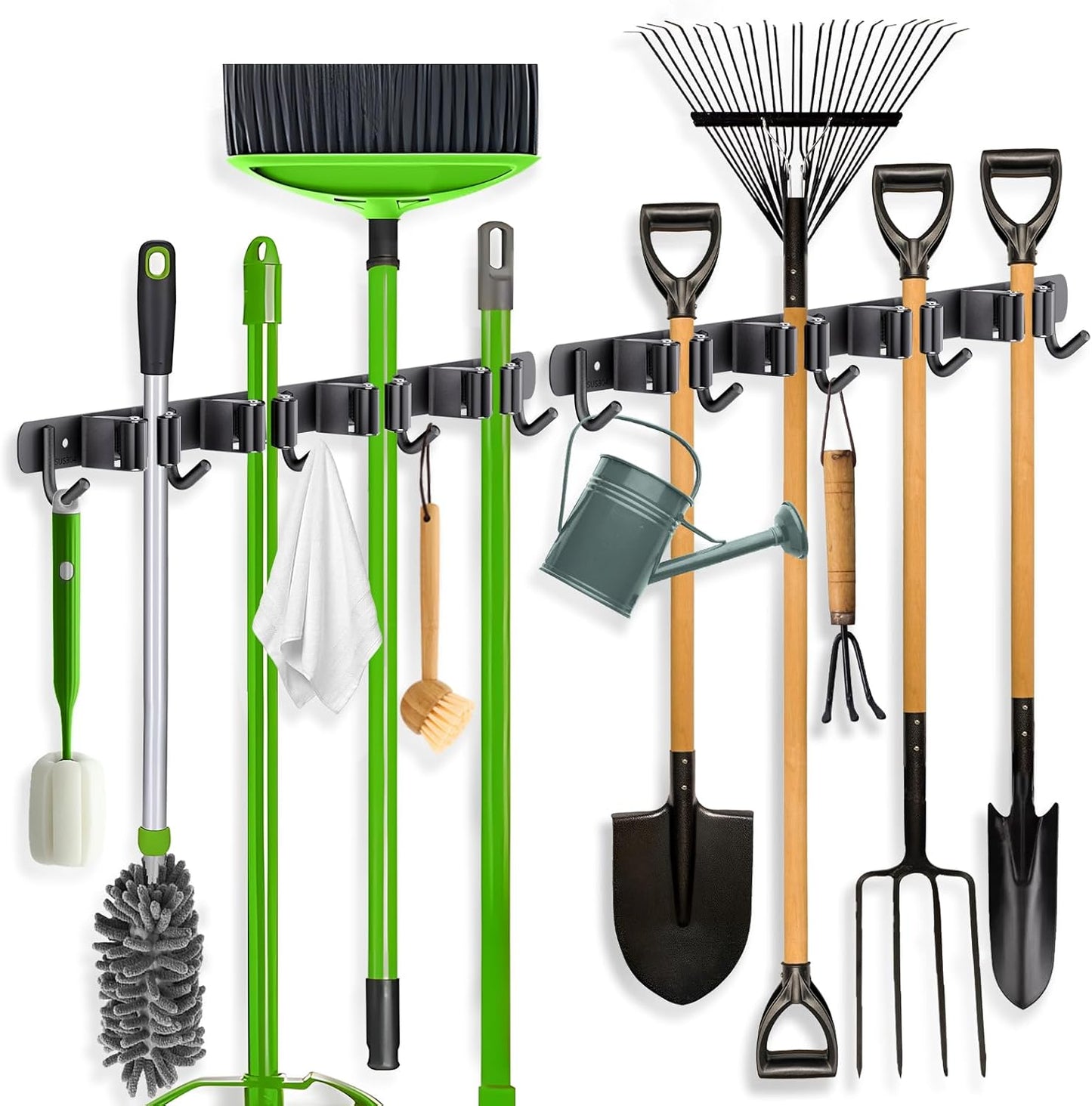 2 Pack Broom Holder Wall Mount, 4 Racks and 5 Hooks Mop Hanger Wall Mount Broom Organizer Stainless Steel Heavy Duty Garage Tool Racks for Home Kitchen Garden Laundry (Black)