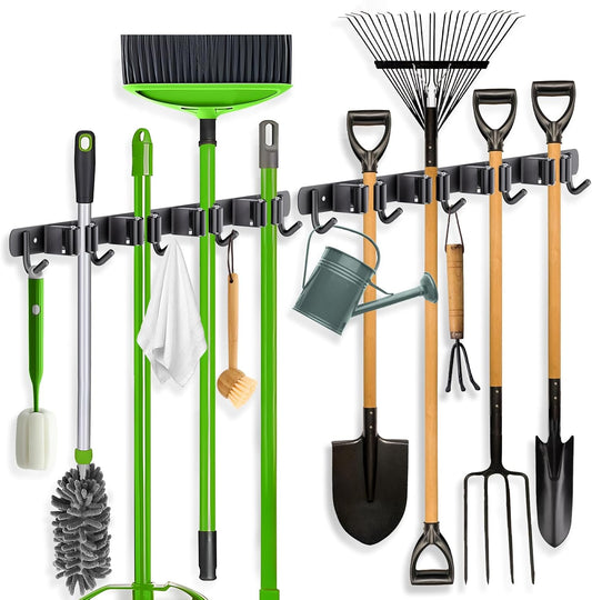 2 Pack Broom Holder Wall Mount, 4 Racks and 5 Hooks Mop Hanger Wall Mount Broom Organizer Stainless Steel Heavy Duty Garage Tool Racks for Home Kitchen Garden Laundry (Black)