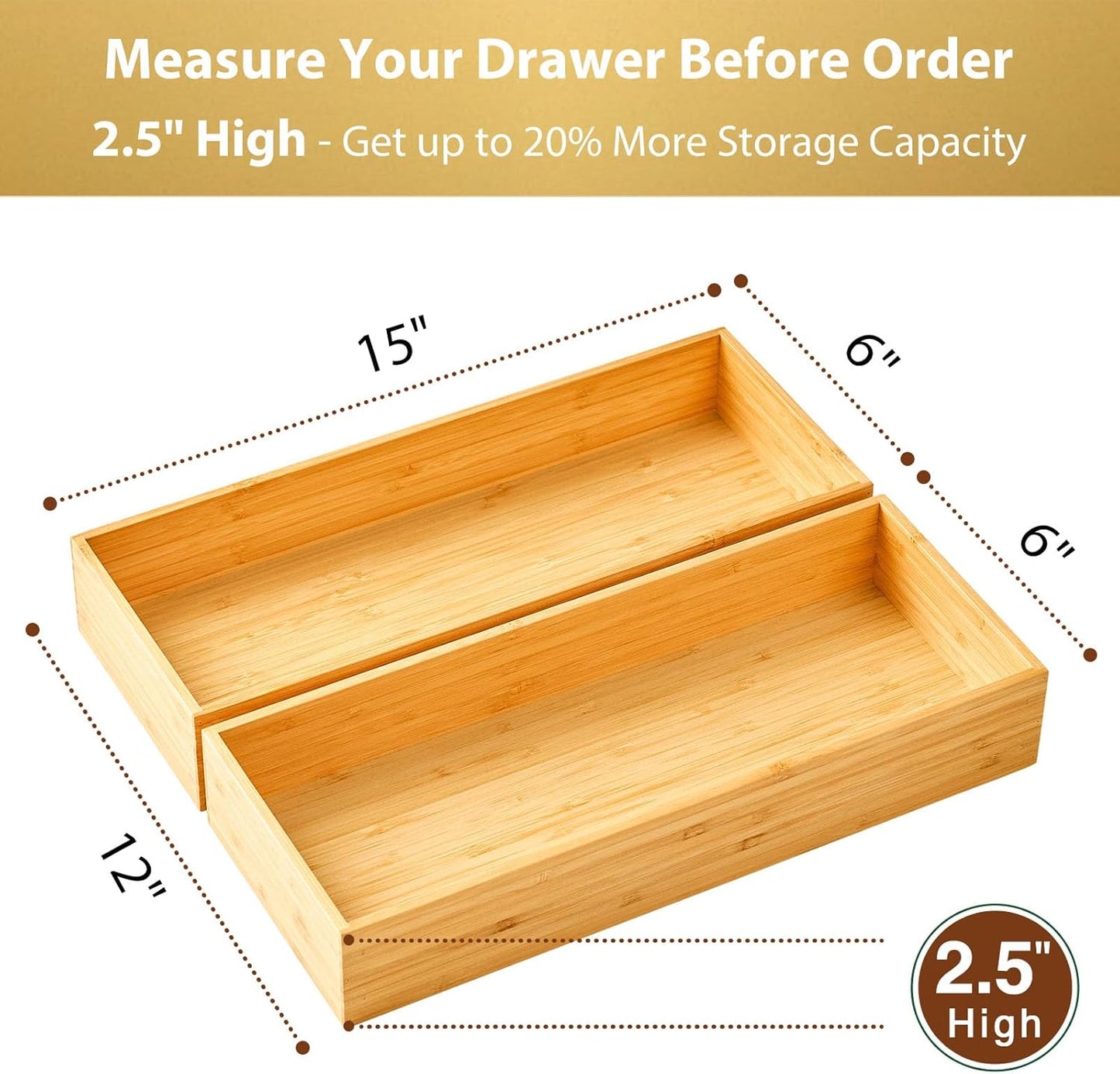 Bamboo Kitchen Utensils Organizer, Extra High Silverware Drawer Tray, Flatware Cutlery Storage Box