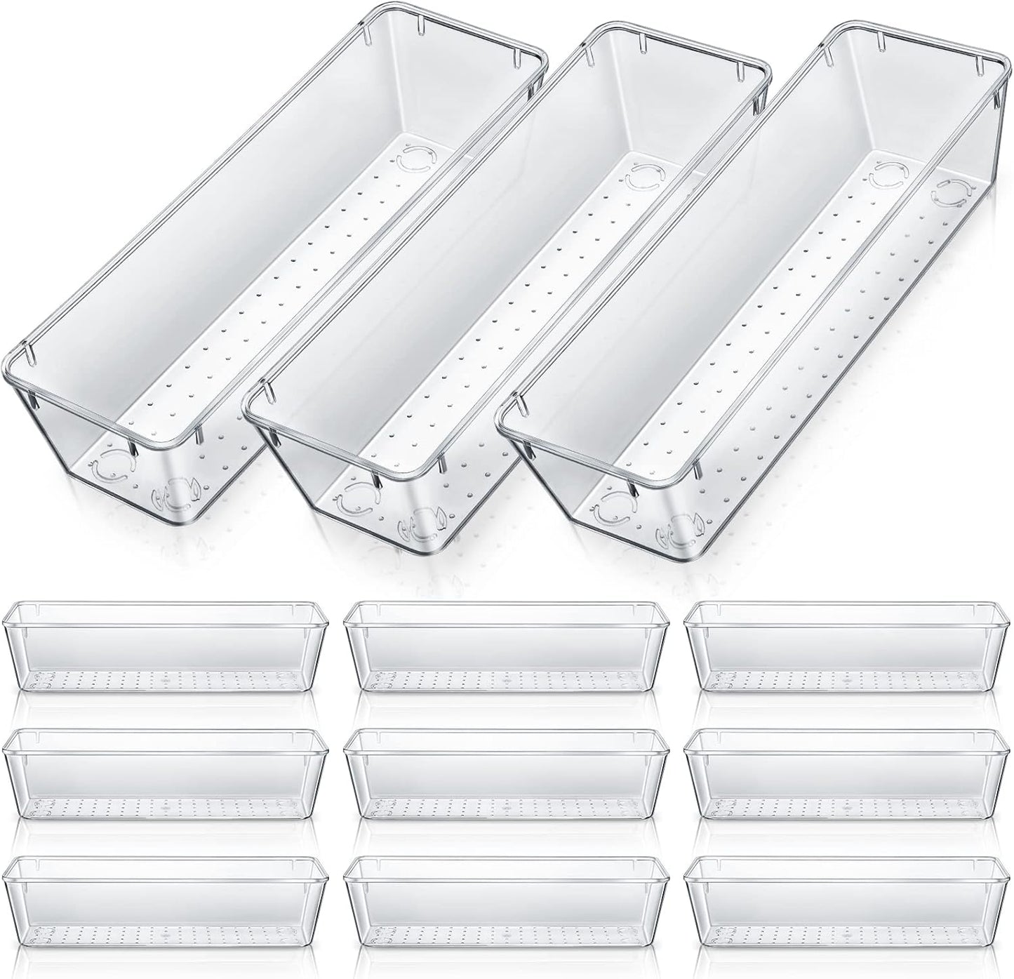 12 Pcs Clear Drawer Organizer 9 x 3 x 2 Inches Plastic Rectangle Trays Makeup Vanity Storage Bins and Kitchen Drawers Dividers for Office Desk Silverware Kitchen Utensils(Clear)