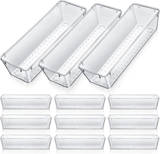 12 Pcs Clear Drawer Organizer 9 x 3 x 2 Inches Plastic Rectangle Trays Makeup Vanity Storage Bins and Kitchen Drawers Dividers for Office Desk Silverware Kitchen Utensils(Clear)