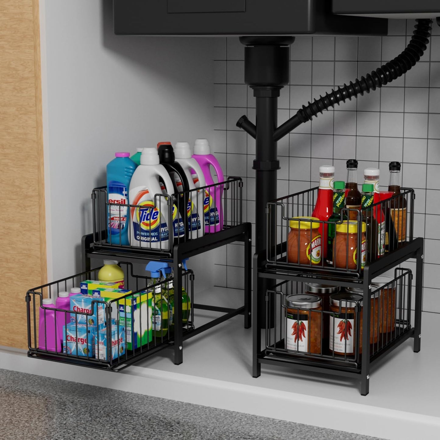 2 Tier Sliding Basket Drawer Organizer, Lxmons Pull Out Under Sink Cabinets Organizers