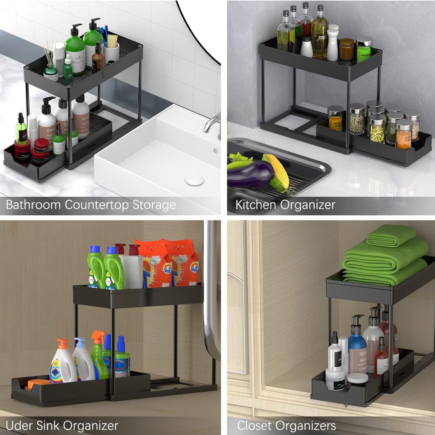 2 Pack black Under Sink Organizers and Storage, 2-Tier Sliding Cabinet Basket Organizer with Hooks