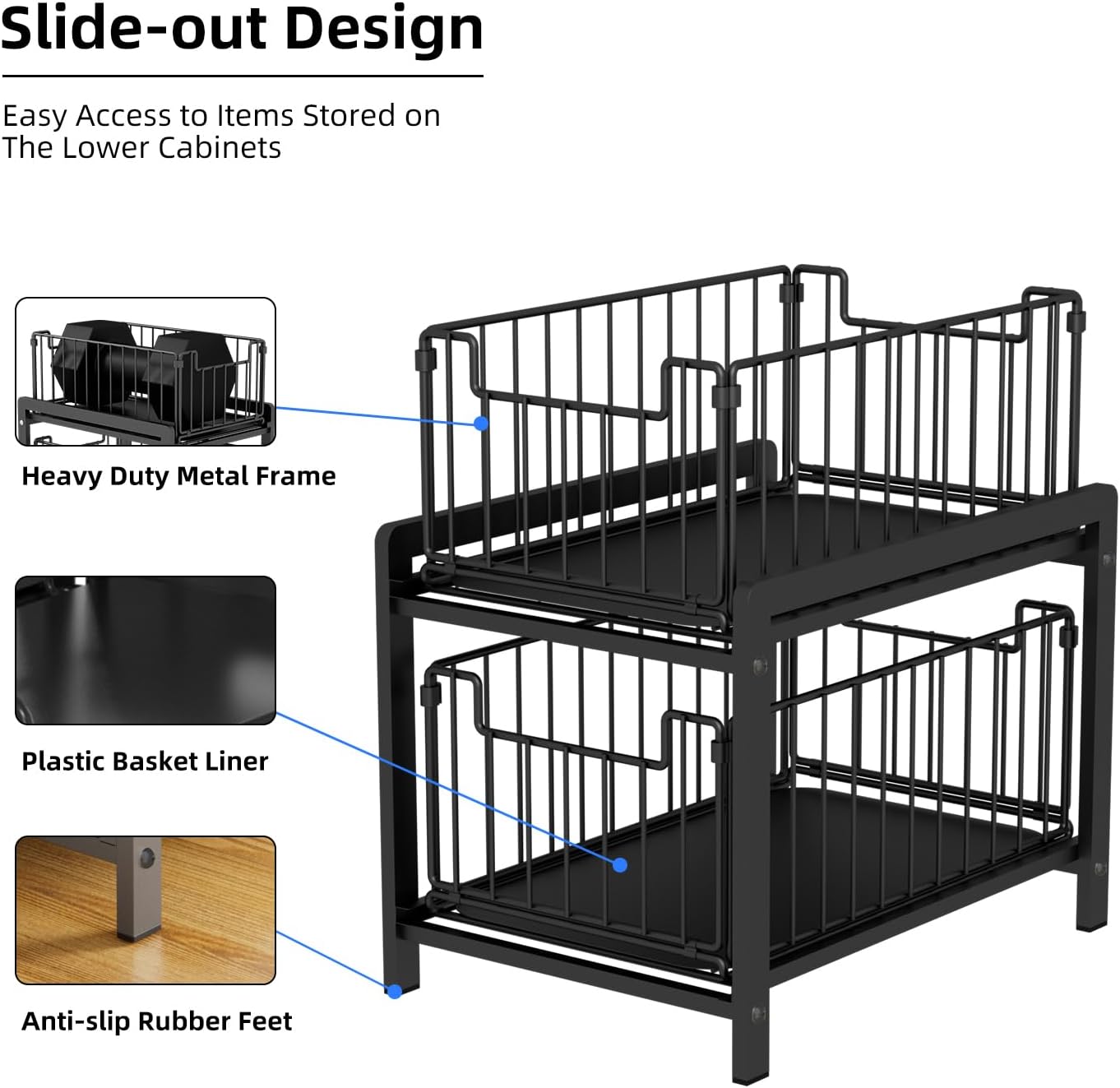 2 Tier Sliding Basket Drawer Organizer, Lxmons Pull Out Under Sink Cabinets Organizers