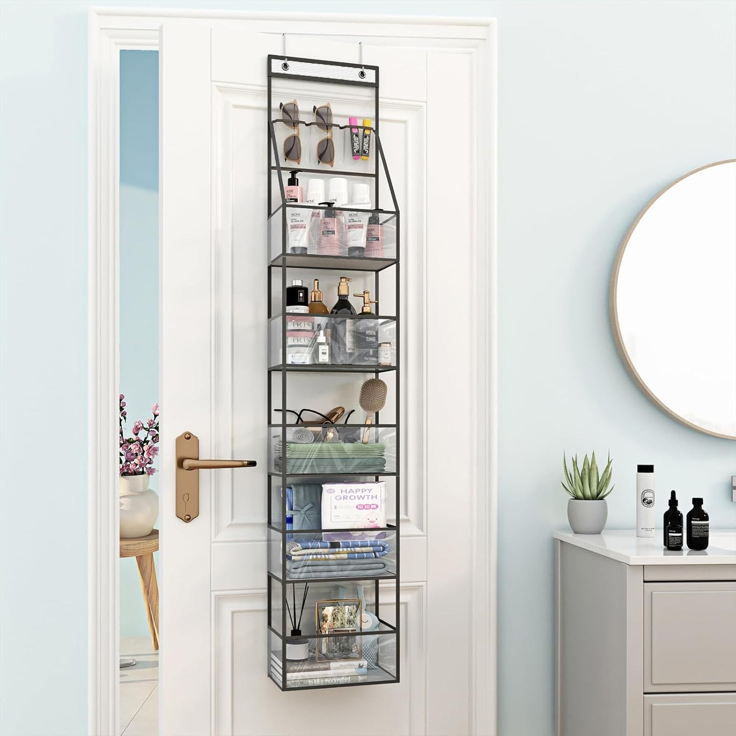 6-Shelf Over The Door Hanging Pantry Organizer Hanging Storage with Clear Plastic Pockets Behind The Door Storage Organizer with 3 Small PVC Pockets for Closet Bedroom Bathroom (Grey)