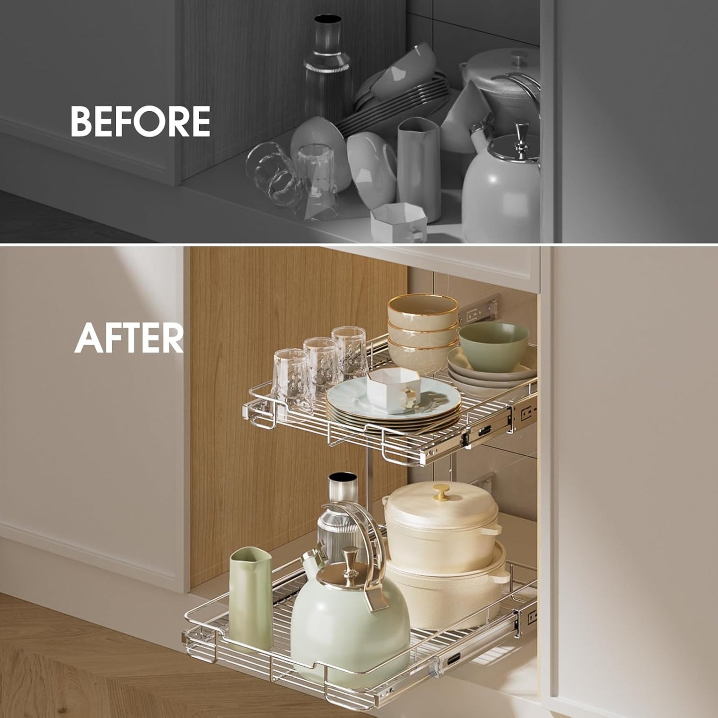 14" W X 21" D Pull Out Cabinet Organizer, 2 Tier Heavy Duty Cabinet Shelf Organizers