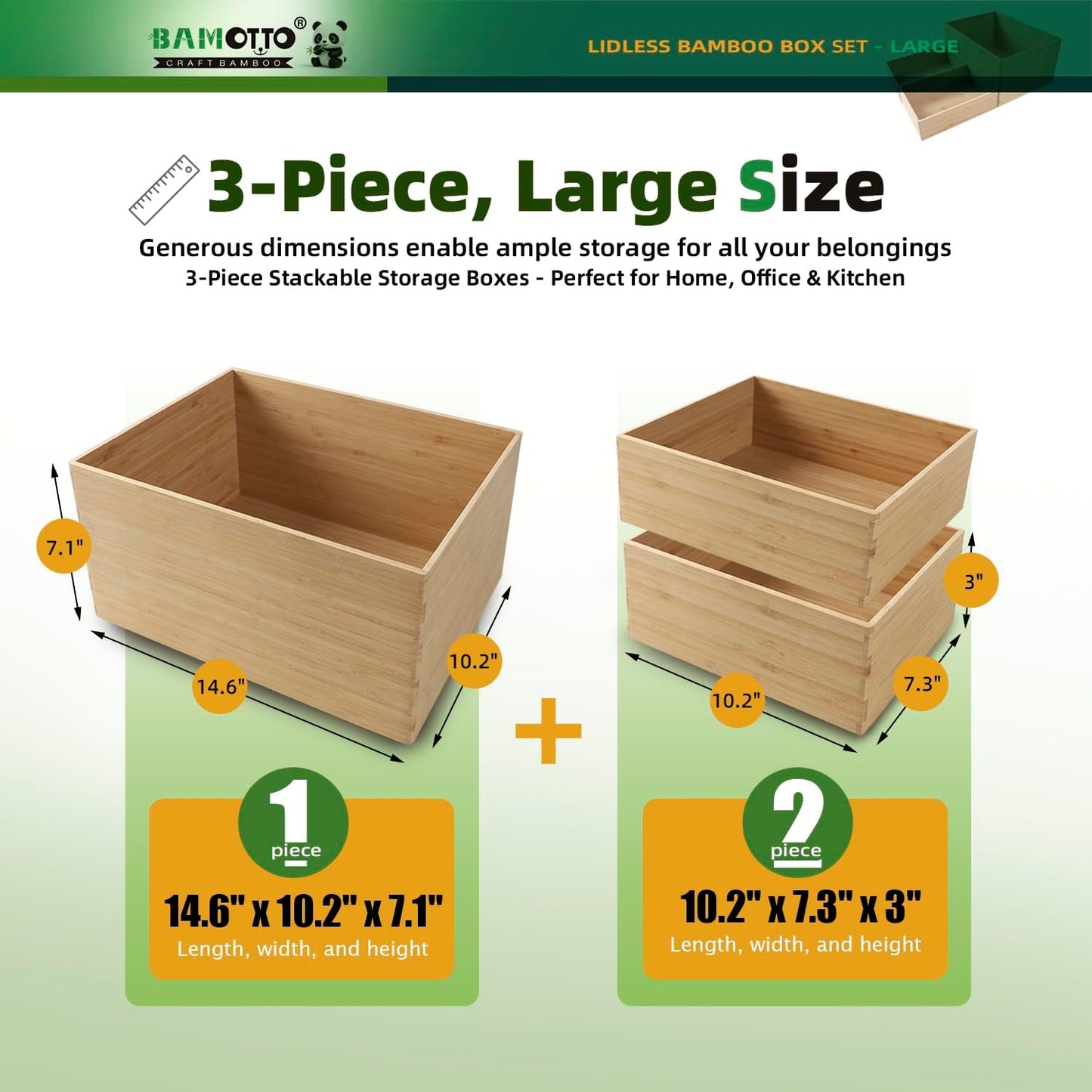 3-Piece Large Bamboo Storage Box Set - 7.1in High Stackable Deep-Drawer Organizer