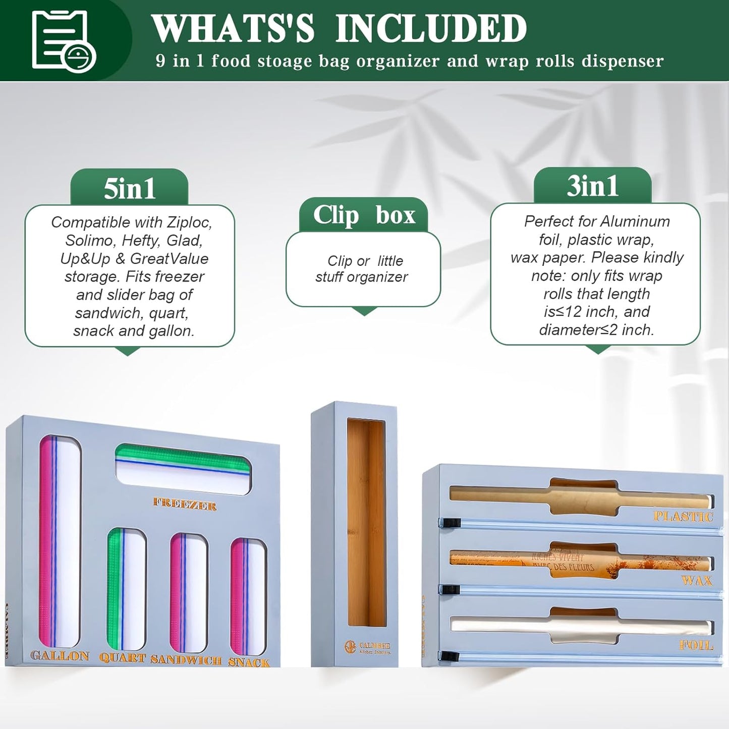 9 in 1 Bamboo Storage Bag Organizer for Kitchen Drawer – Plastic Wrap Dispenser with Cutter & Foil Organizer, Wooden Baggie Organizer for Sandwich, Snack, Gallon, Quart Sizes, Grey