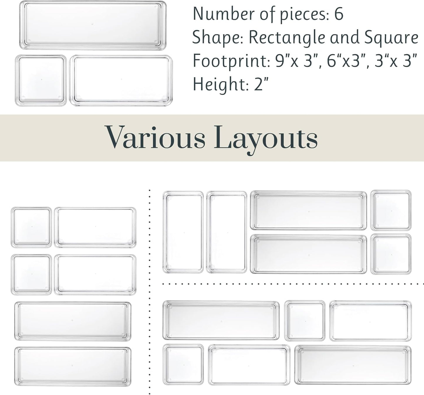 SimpleSort Drawer Organizer Bins 6 pc Set, Multi-size, Bathroom Organizers and Storage