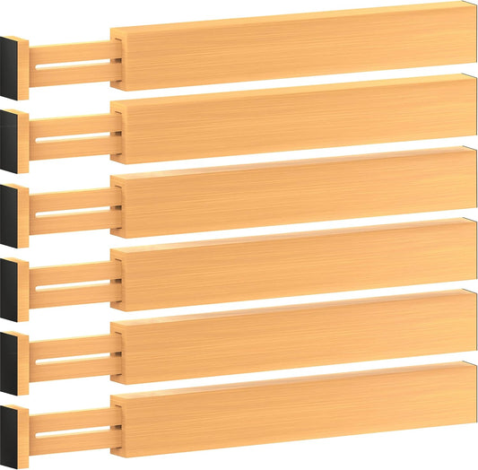 6 Pack Bamboo Drawer Dividers - 17" to 21.5" Expandable Adjustable Drawer Organizer for Kitchen Utensils, Large Kitchen Drawer Divider, Clothes, Dresser, Bedroom, Bathroom & Desk Drawer Separator Set