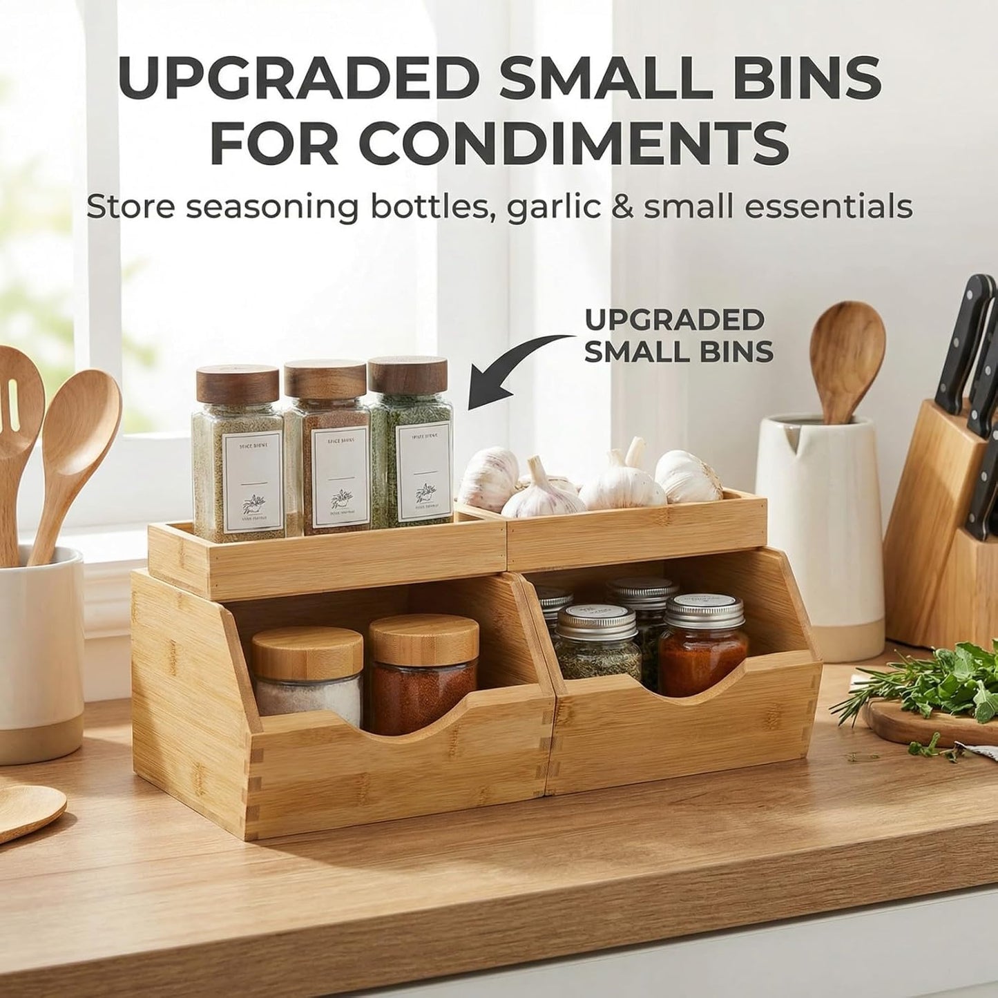 Bamboo Pantry Storage Bins Set 5 Pieces - Stackable Baskets, Potato and Onion Storage