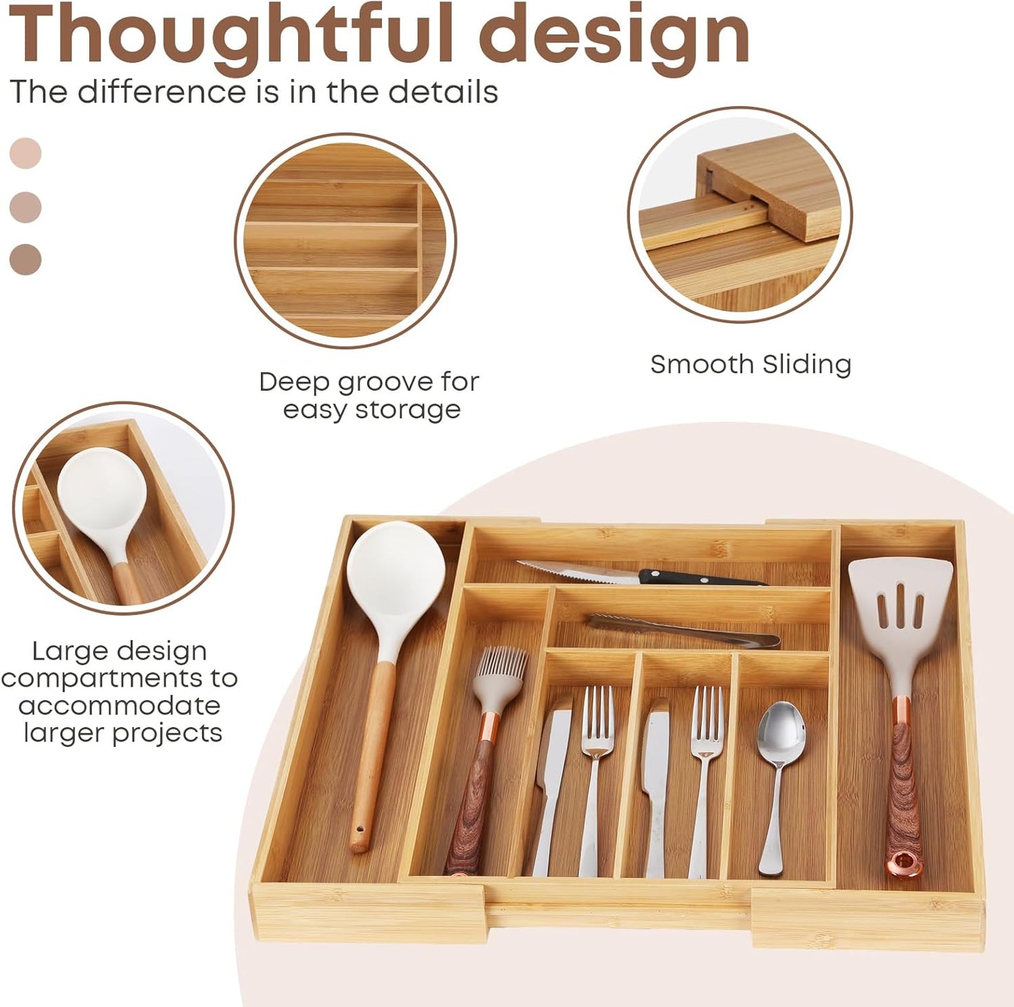 Bamboo Drawer Organizer Expandable Silverware Organizer