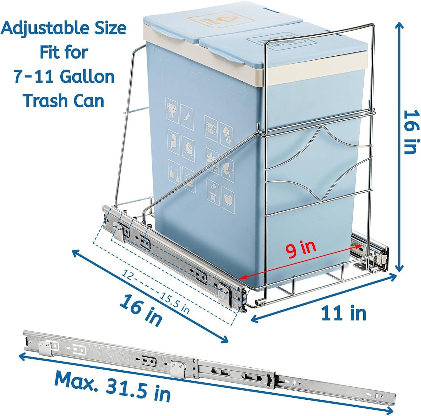 Pull Out Trash Can Under Cabinet, Adjustable Stainless Steel Under Sink Trash Can Pull Out