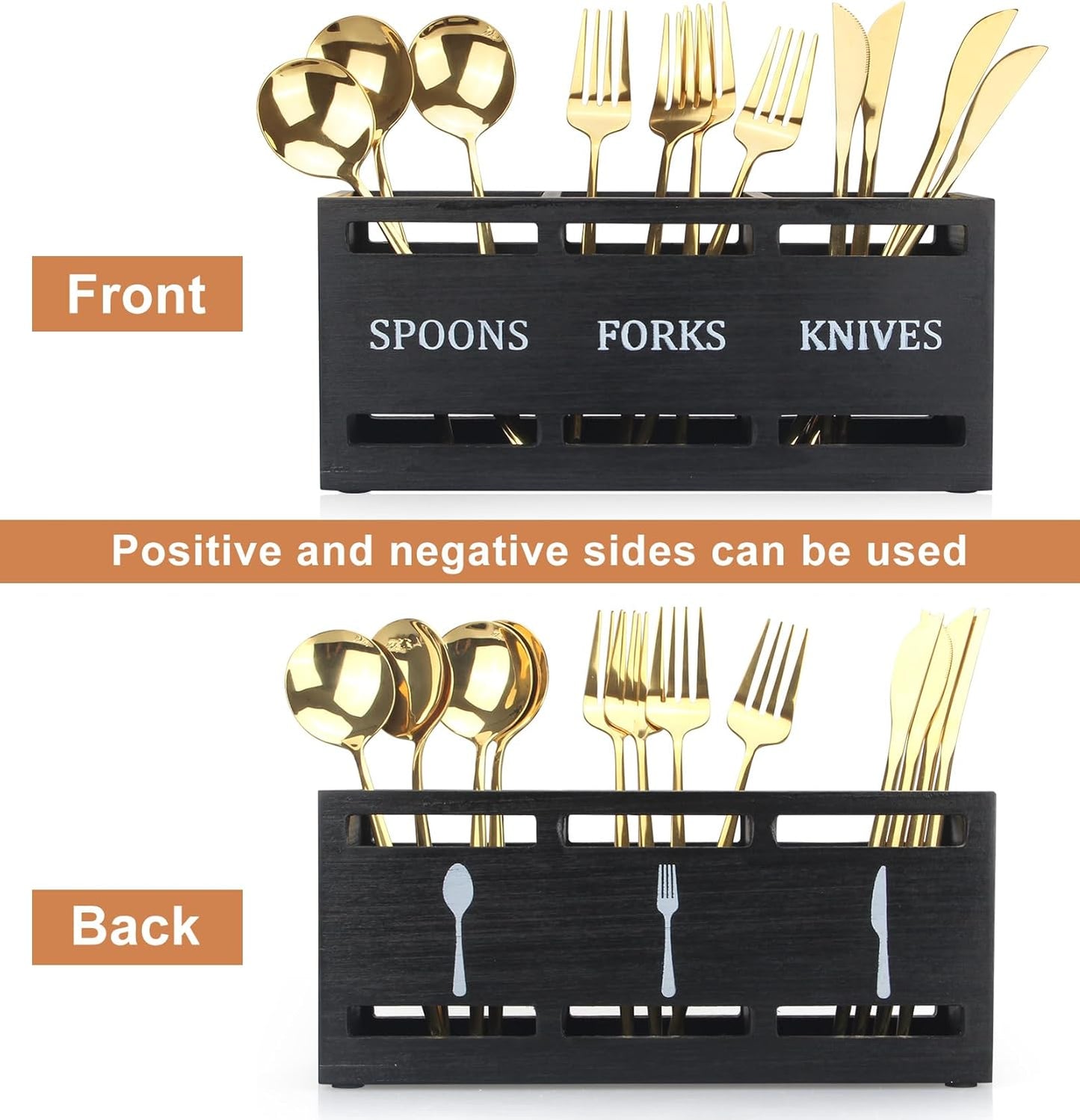 Wooden Silverware Caddy Flatware Cutlery Holder Wood Silverware Organizer Containers Small Black Kitchen Utensil Holder for Countertop Spoon and Fork Holder Flatware Utensils Caddy for Party