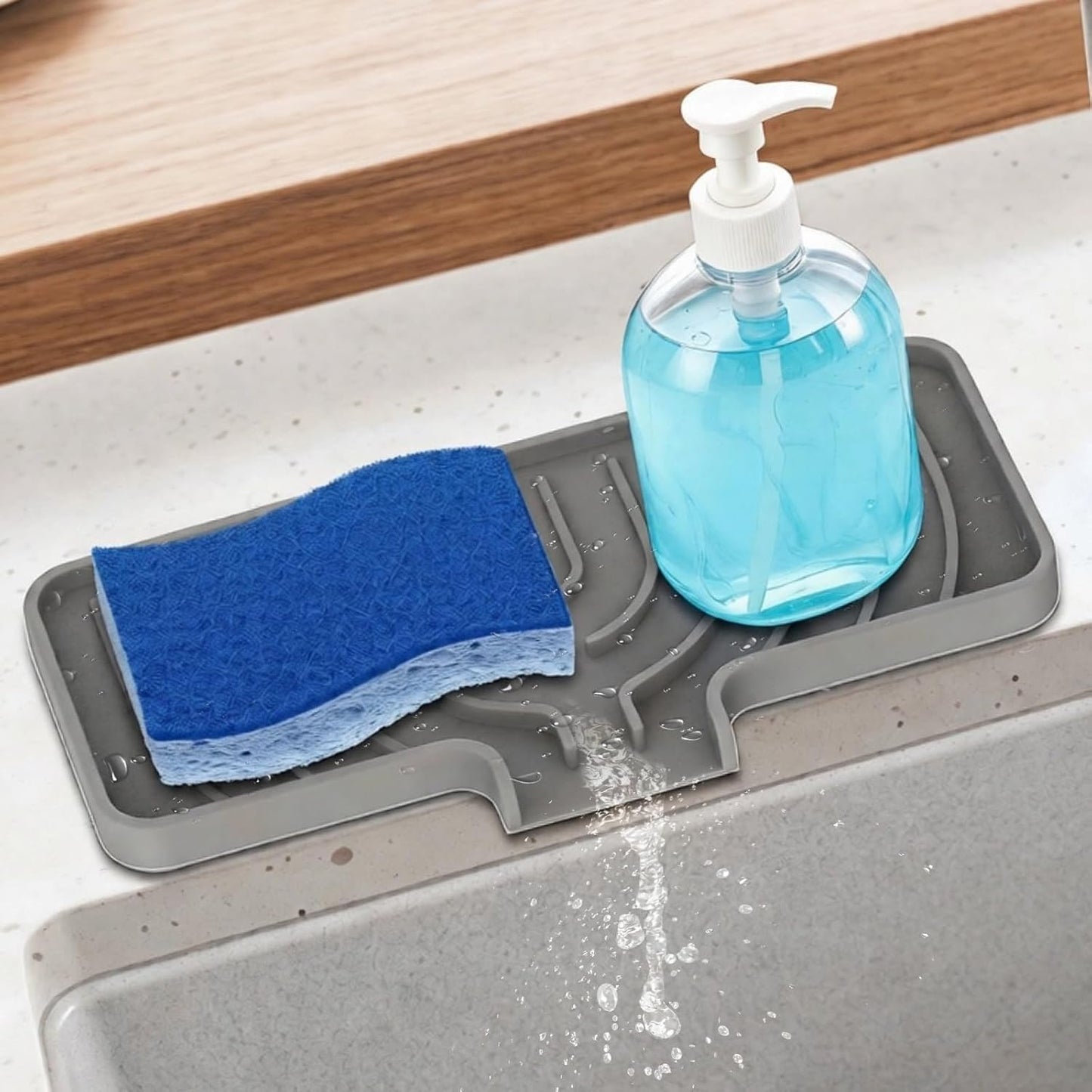 Sponge Holder for Kitchen Sink, Sink Caddy and Soap Tray | 10x4 inch Kitchen Sink Organizer | Compatible with Scrub Daddy, Kitchen Sink Accessories (Grey)