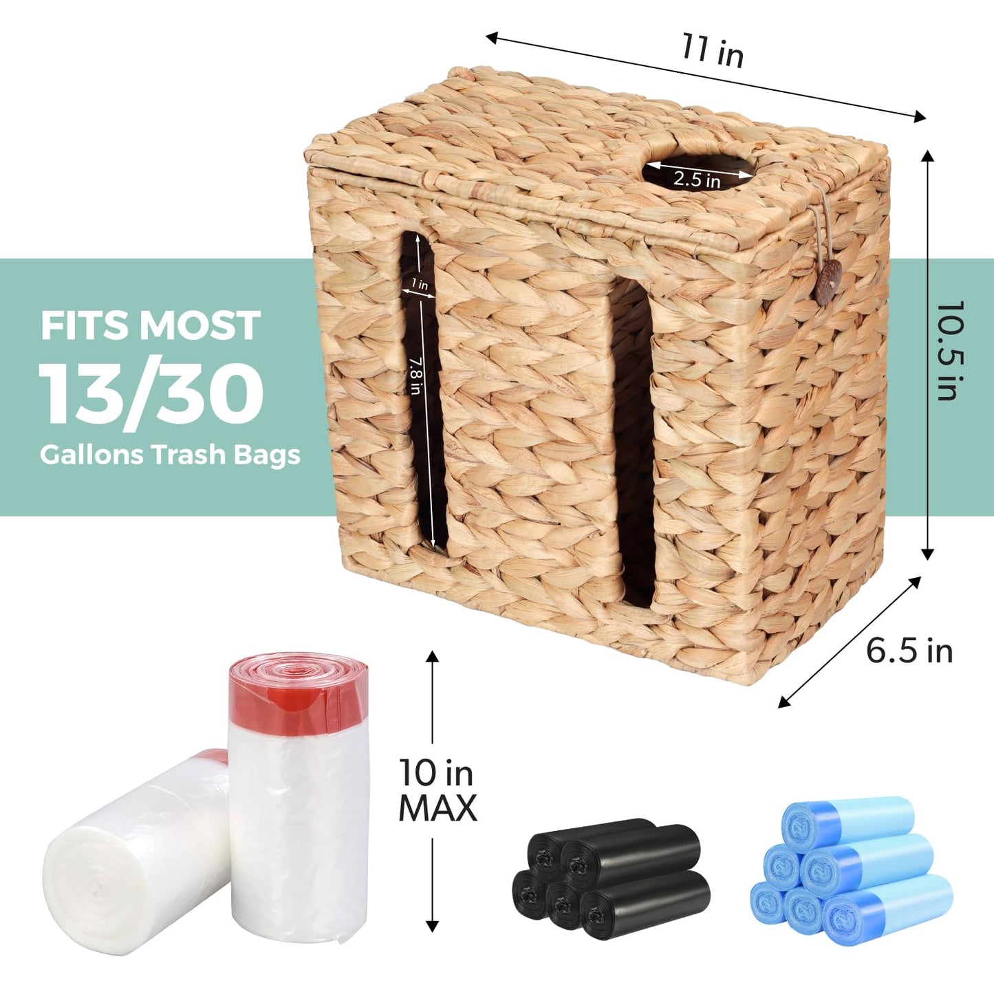 Trash Bag Holder with Scalloped Lid 13–30 Gallon Trash Bag Roll Holder Wall Mount Garbage Bag Dispenser for Kitchen, Cabinet (Natural, 2 Compartments)