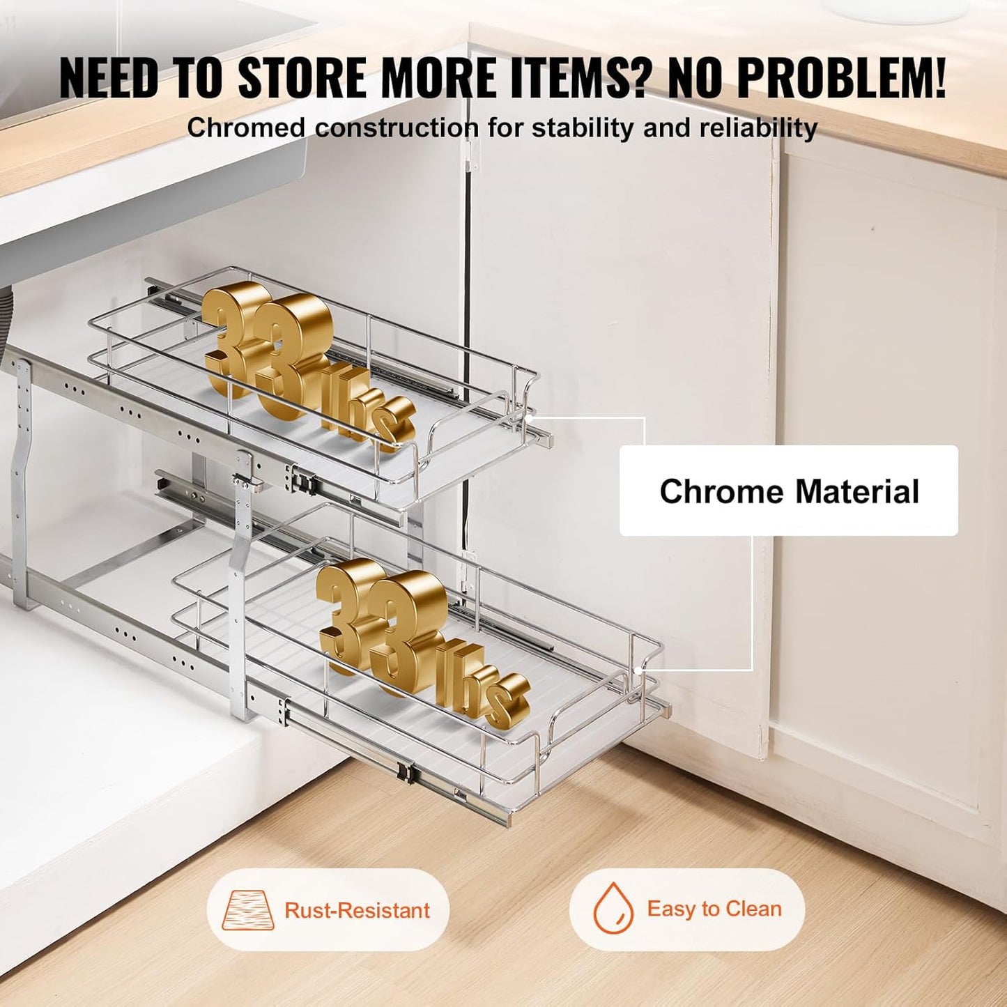 Pull Out Cabinet Organizer, 12"W x 21"Dx15.2"H Heavy Duty Slide Out Pantry Shelves