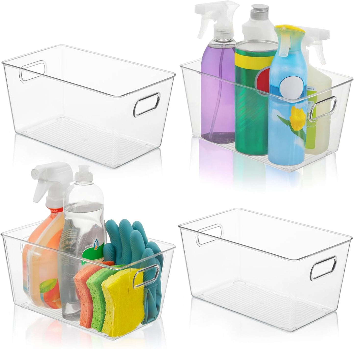 Set of 4 Clear Plastic Storage Bins With Handles, Containers To Organize Pantry, Fridge, Cabinet