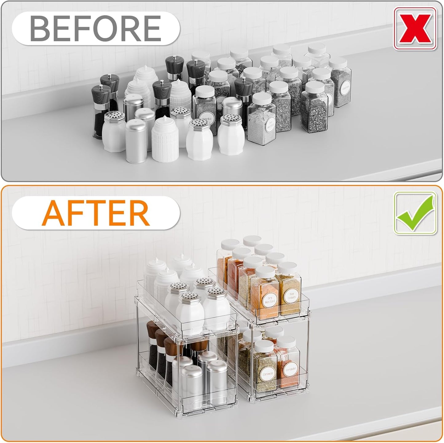 4 Pack 2 Tier Vertical Spice Rack Pull Out,10.4'' Deep Narrow Slide Out Spice Rack Organizer for Inside Cabinets,Kitchen,Pantry,Cupboard Seasoning,Can,Jar Organizer and Medicine Cabinet Storage