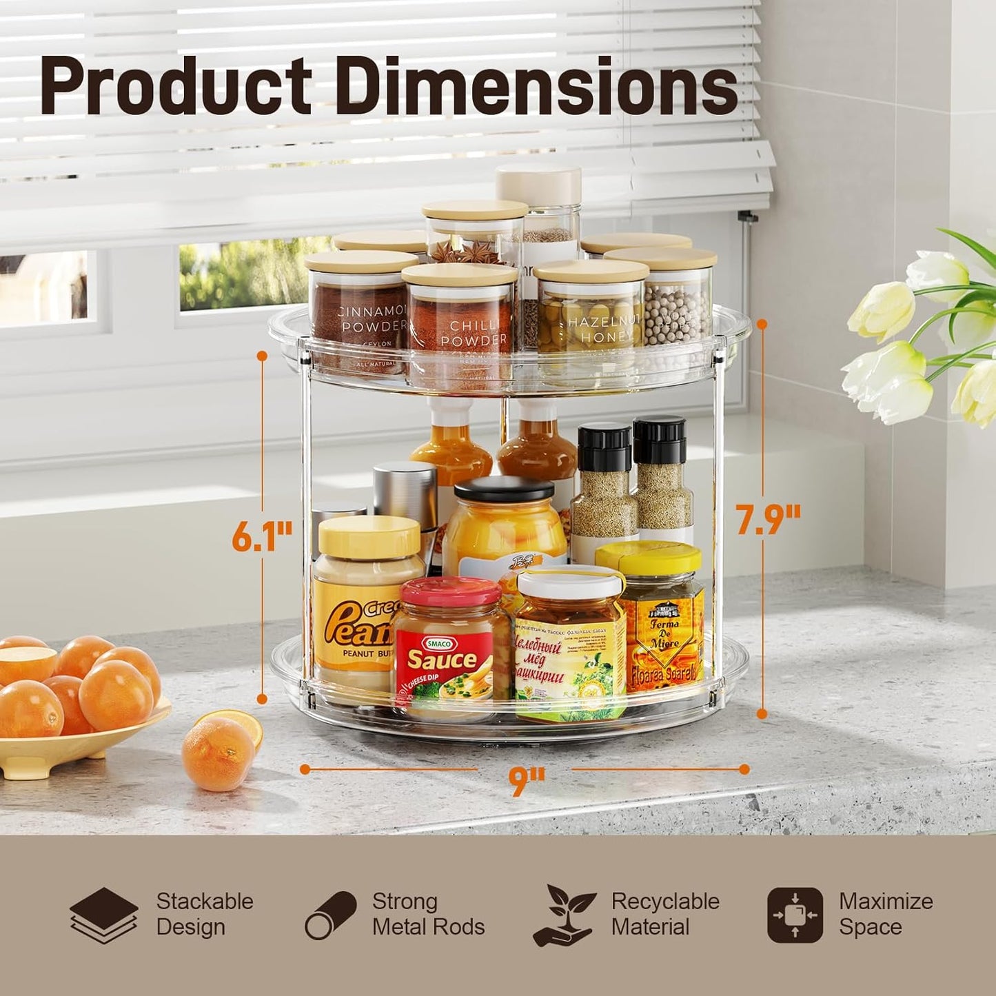 2 Tier Lazy Susan Organizer, 9.25'' Lazy Susan Turntable for Cabinet