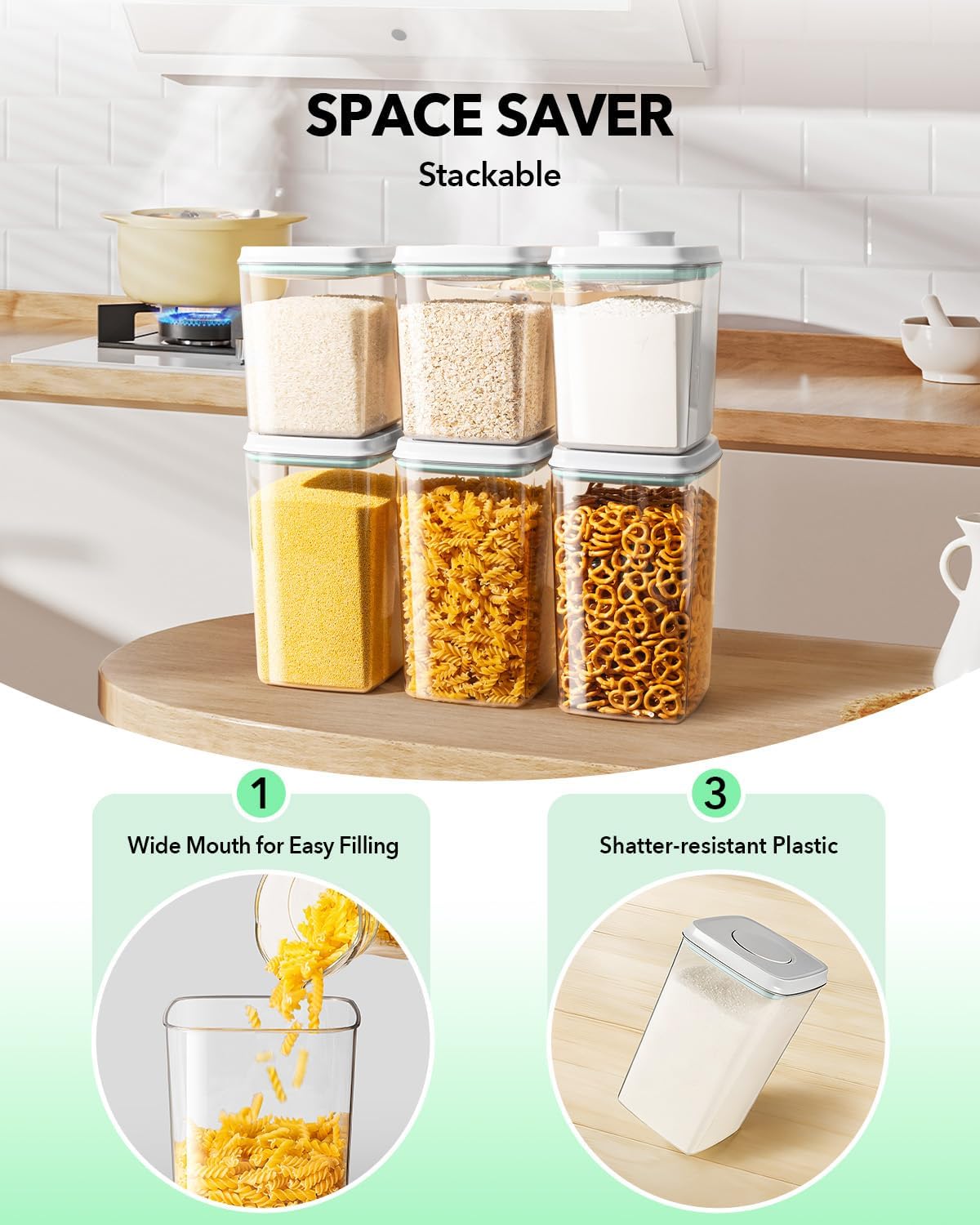 Food Storage Container Sets, 2.8 Qt + 4.2 Qt *2 Airtight Canisters with Lids and 130ml Scoop