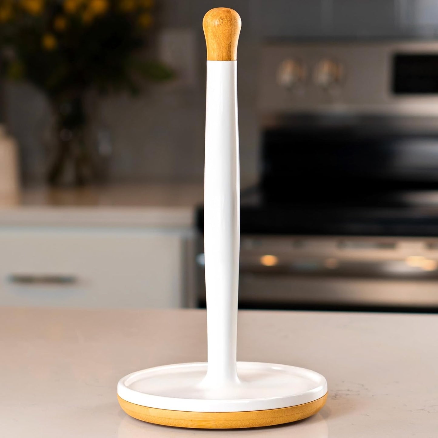 DAILY RITMO® White Countertop Papertowel Holder | Aesthetic Resin Marble & Ceramic Like with Modern Bamboo Wooden Weighted Base & Wood Top