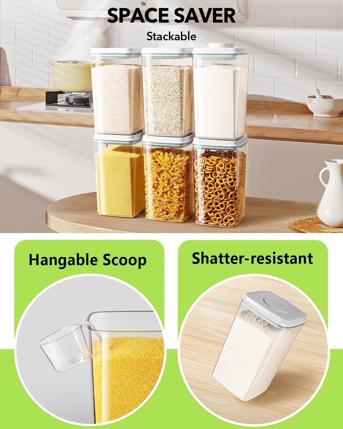 Airtight Food Storage Container with Pop Lid & 130ml Scoop, 4L/4.2qt *4 BPA-Free Cereal, Rice