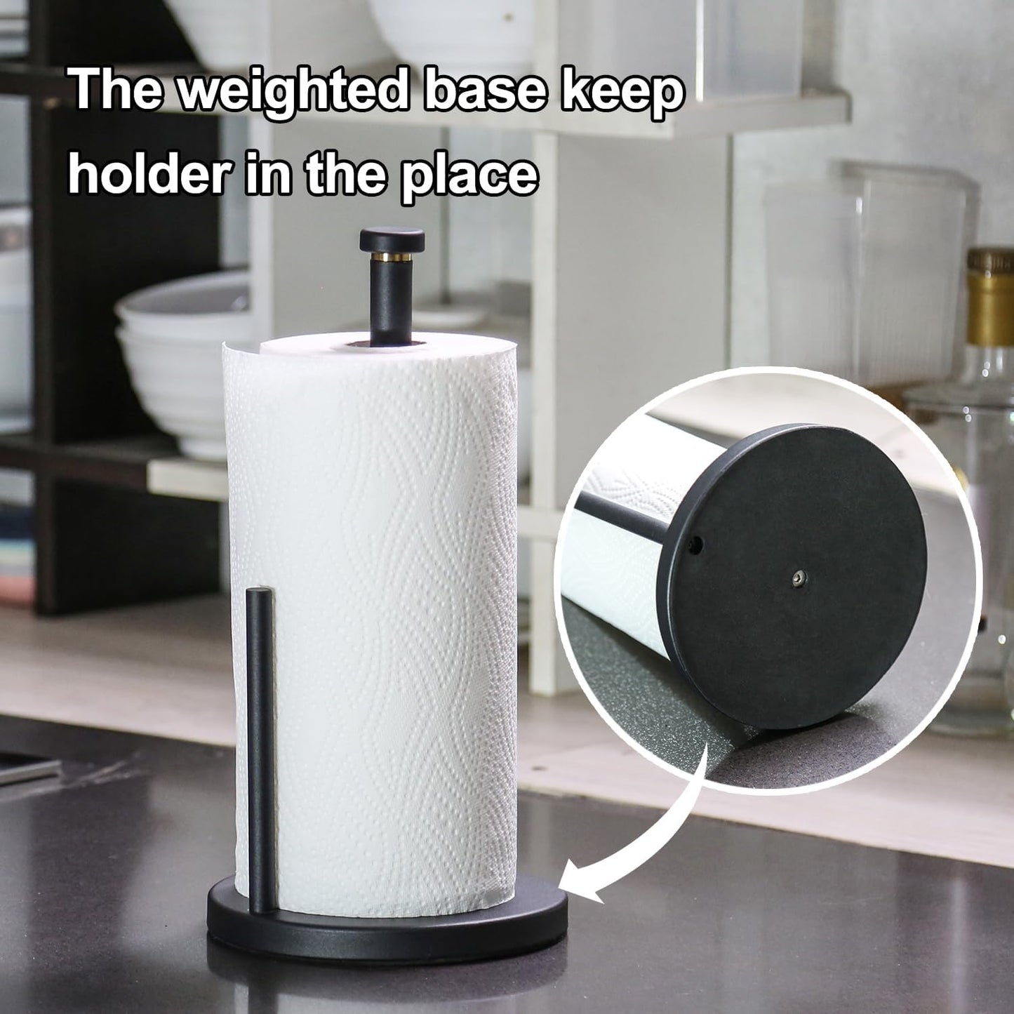 Black Paper Towel Holder Countertop, Black Stainless Steel Paper Towel Holder for Kitchen Bathroom with Anti Slip Weighted Base, Kitchen Roll Holder Fit Standard and Large Rolls