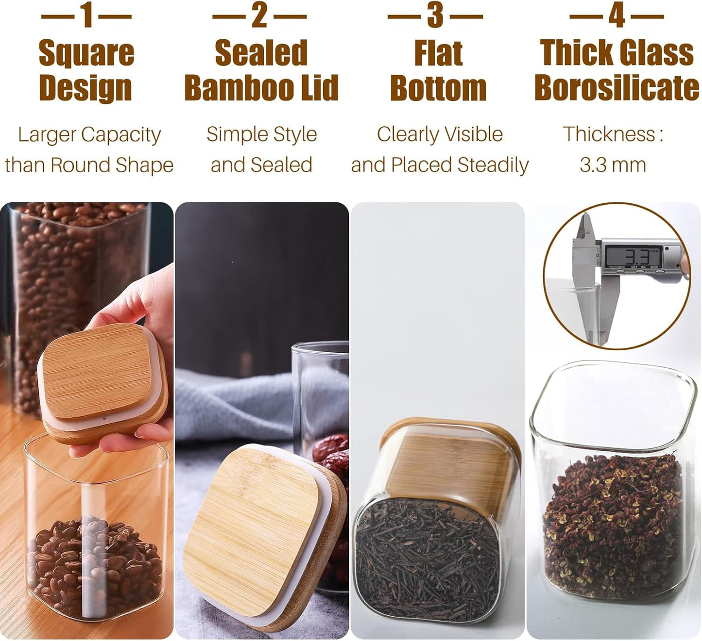 Small Size 38+20 oz Glass Food Storage Jars with Airtight Lids, Clear Glass Jar with Bamboo Lid